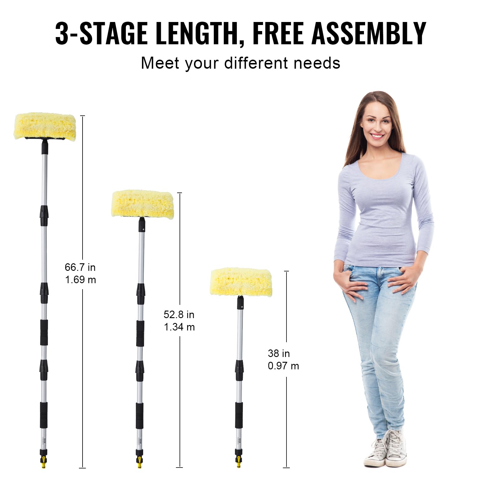 VEVOR Car Wash Brush, 66.7-Inch Extendable Car Washing Brush with Long Handle, 12 Scratch-Free Soft PVC Bristle Head, Flow-Thr