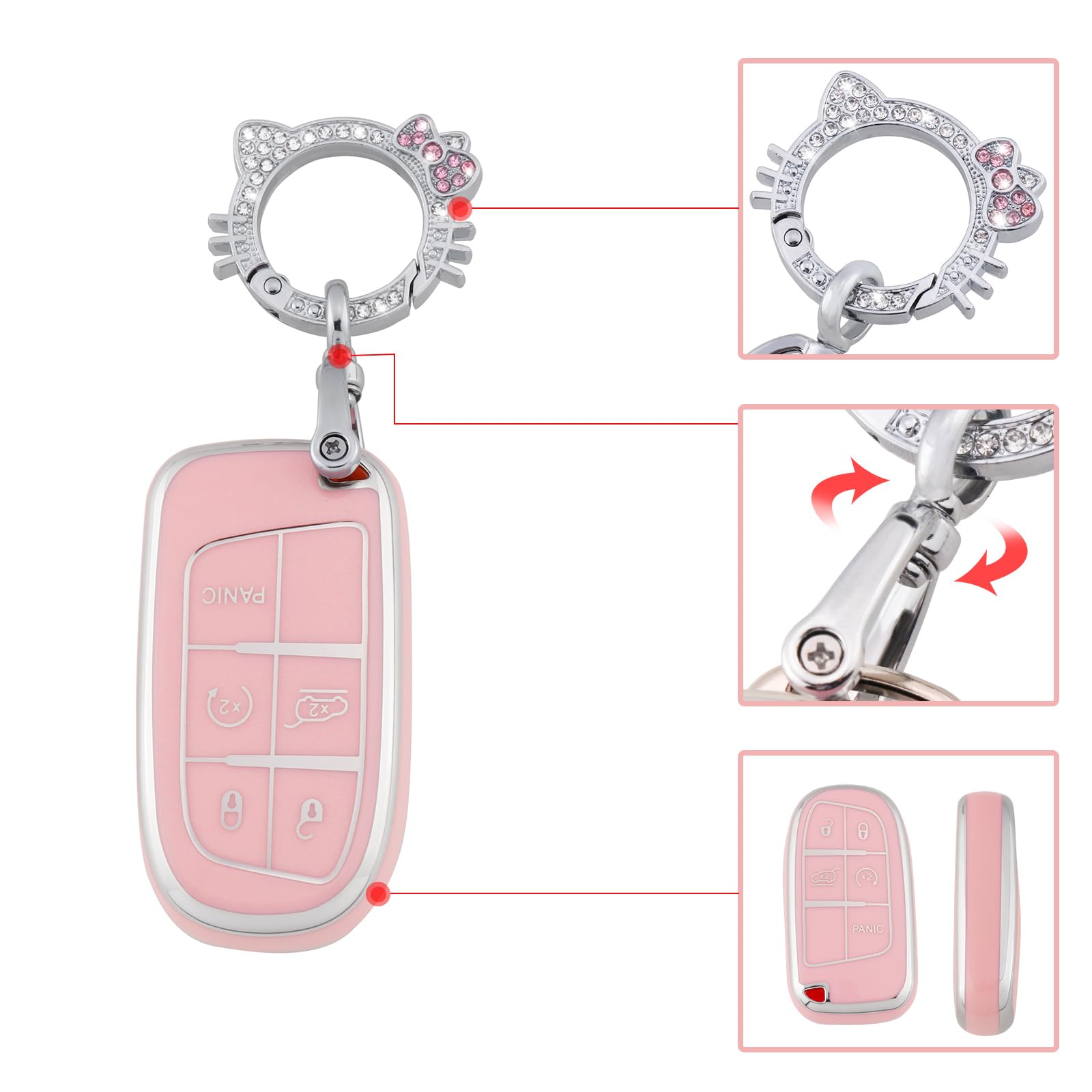 Pangpai Pink Key Fob Cover for Jeep, Soft TPU Key Case Protection with Bling Keychain Fit for Jeep Grand Cherokee Renegade Wrang
