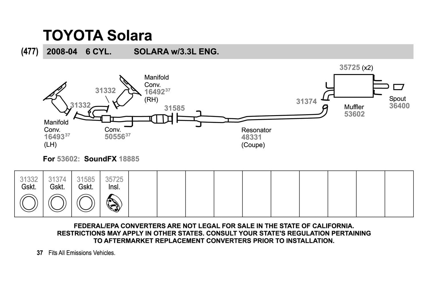 Walker 48331 Direct Fit Exhaust Resonator And Pipe Assembly For Toyota Camry