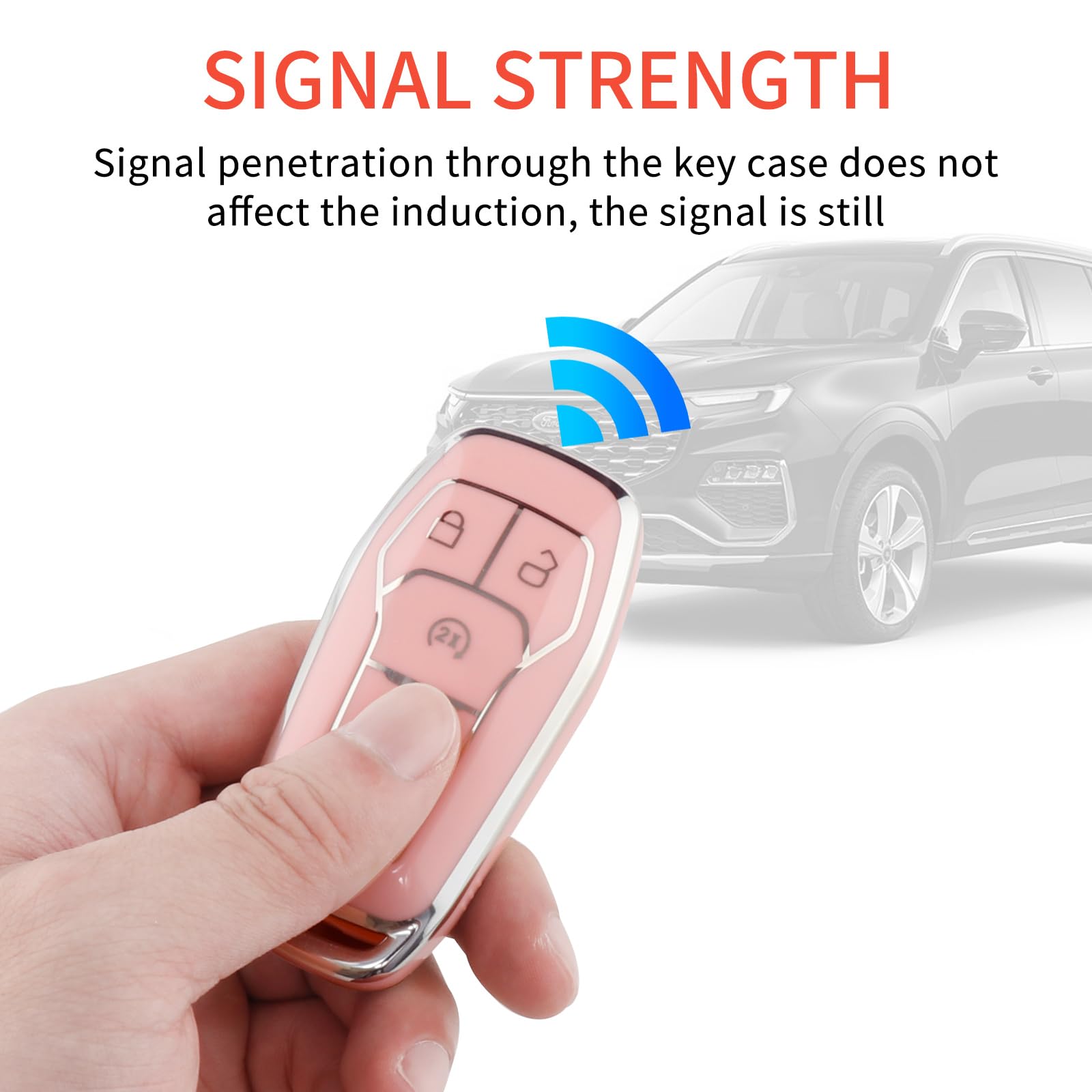 Pangpai Pink Key Fob Cover for Ford, Soft TPU Key Case Protection with Bling Keychain Fit for F150 Explorer Mustang Edge Lincoln