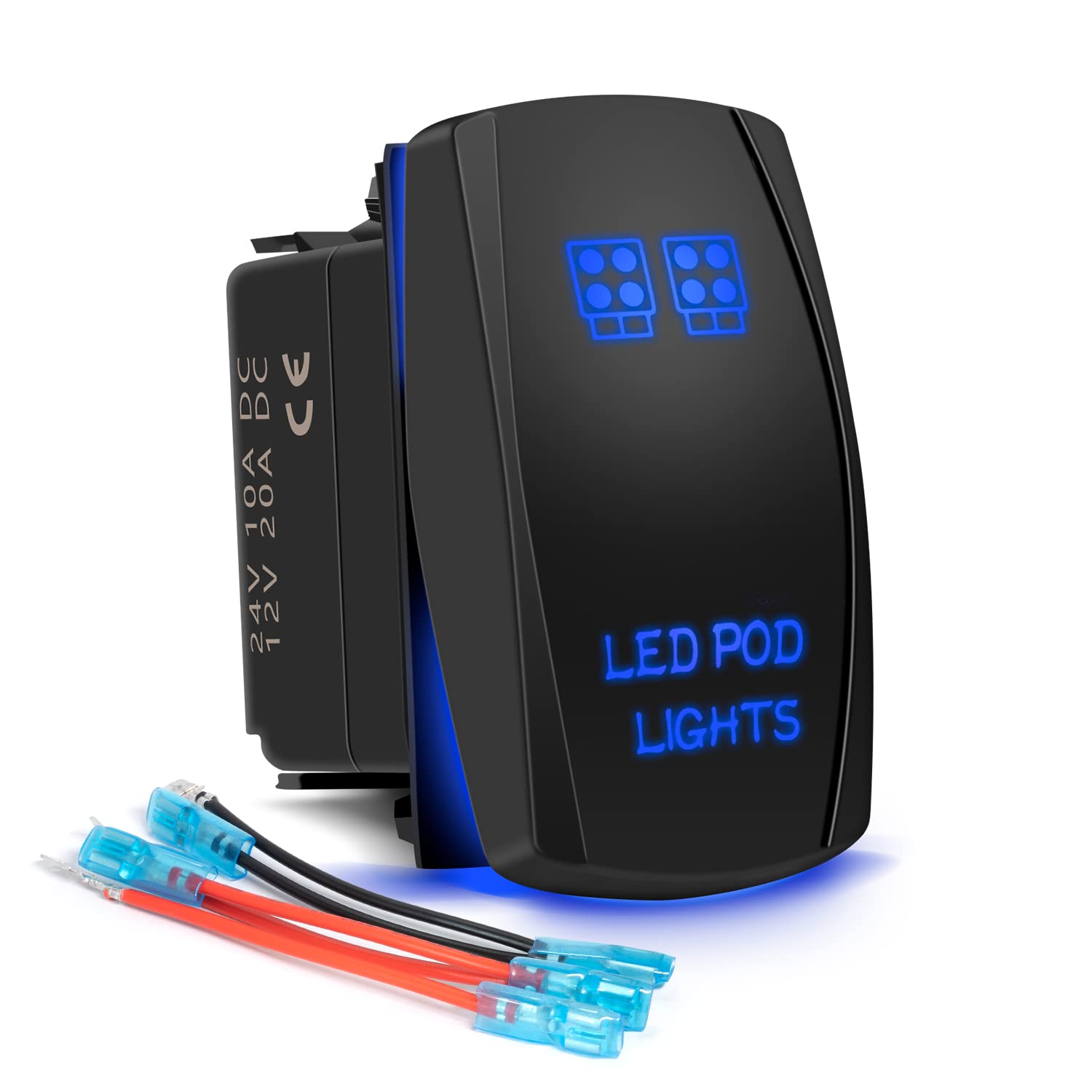 Fabood F Waterproof 5 Pin Led Pod Lights Rocker Switch Spst On/Off Two Led Backlit Blue Light 20A 12V For Auto Automotive Motorc