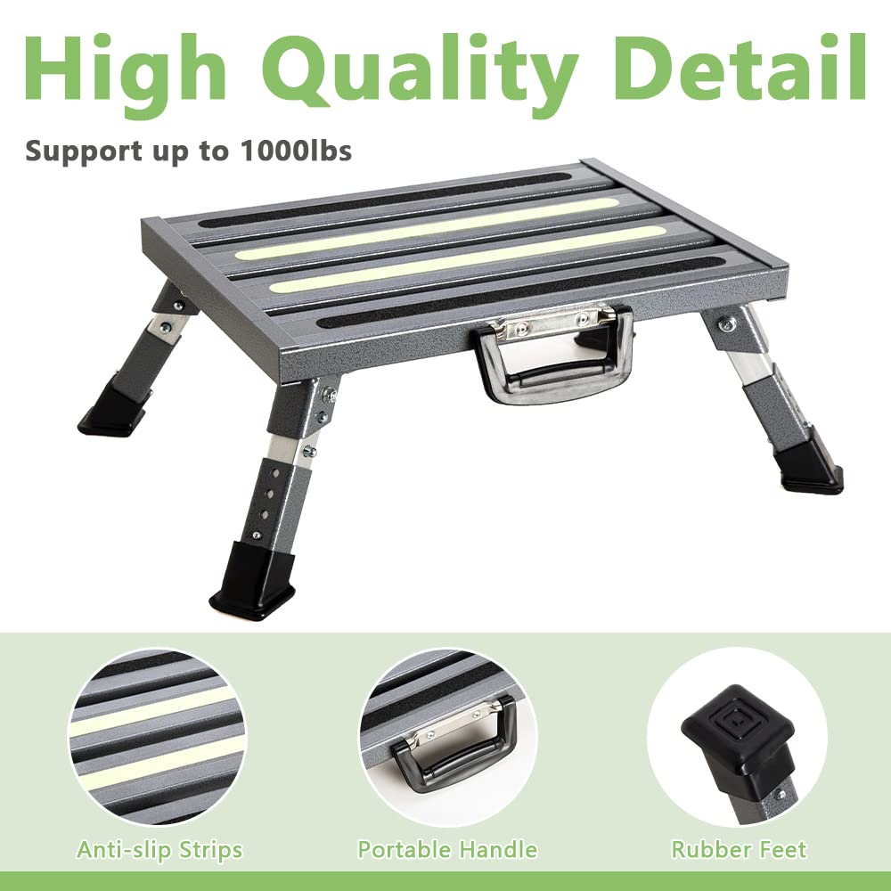 Garfatolrv Rv Steps, 4-Level Adjustable Height Folding Camper Steps, Grey Hammer-Tone Non-Slip Fluorescent Strip Aluminum Platfo