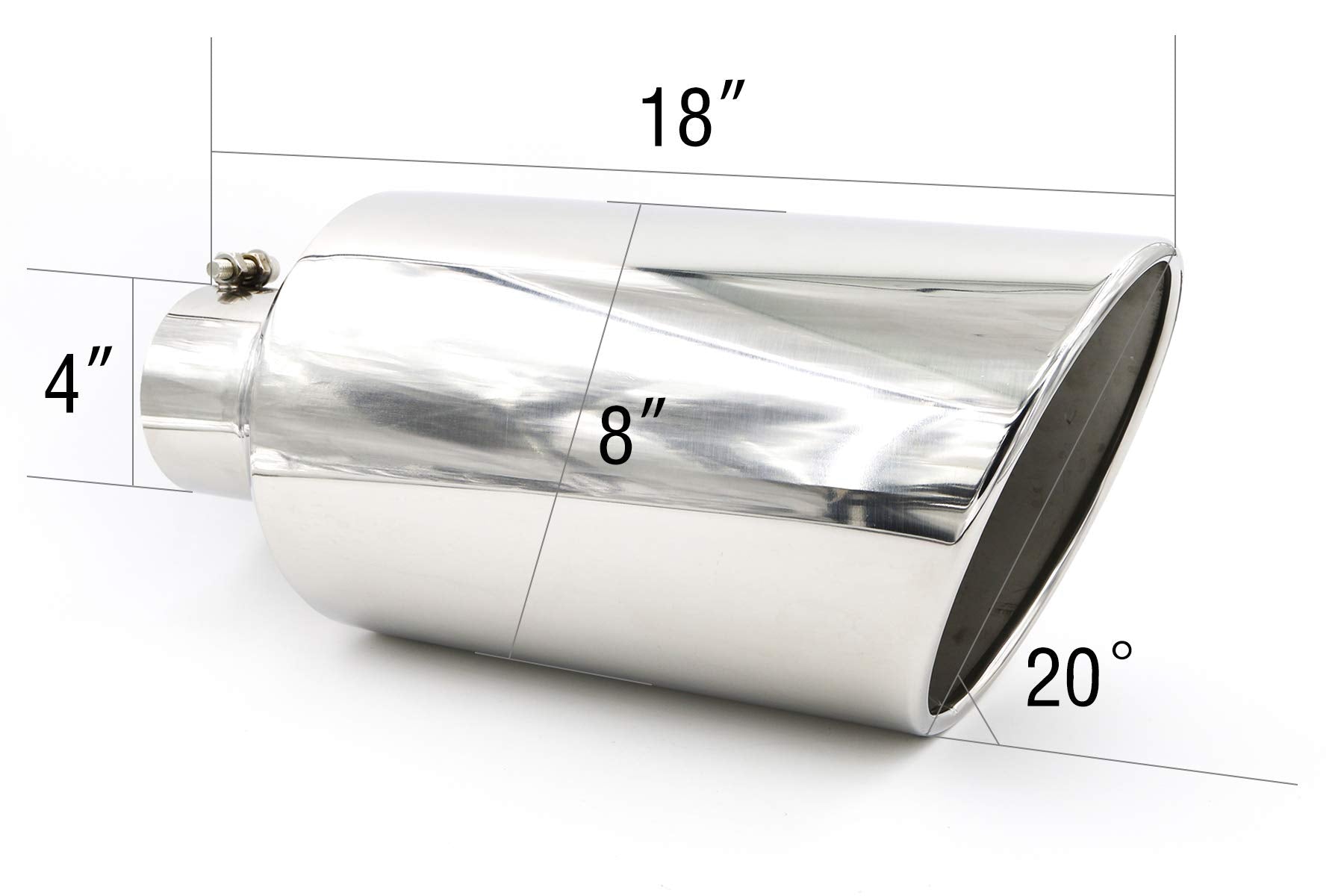 Rp Remarkable Power, 4'' Inlet 8'' Outlet 18'' Long Exhaust Tip, Bolt On Design Truck Tail Polished, Rolled Angle Cut