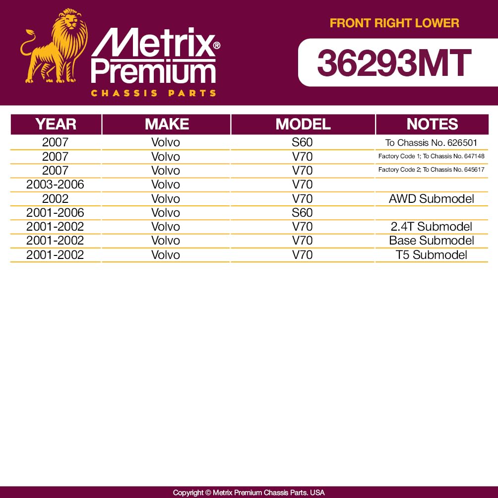 Metrix Premium Chassis Parts - Front Right Lower Control Arm Fits 2001-2007 Volvo S60, 2007 S60 To Chassis No. 626501, 2001-2007