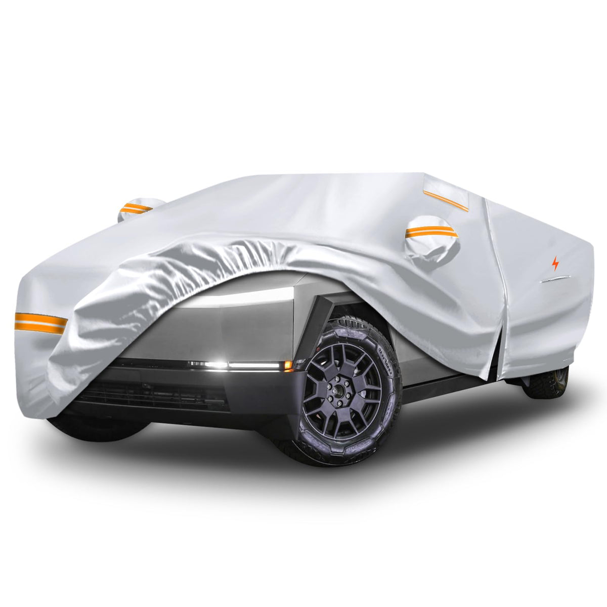 Waterproof Car Cover Replace For Tesla Cybertruck, 6 Layers Silver All Weather Full Car Covers With Zipper Door & Windproof Band