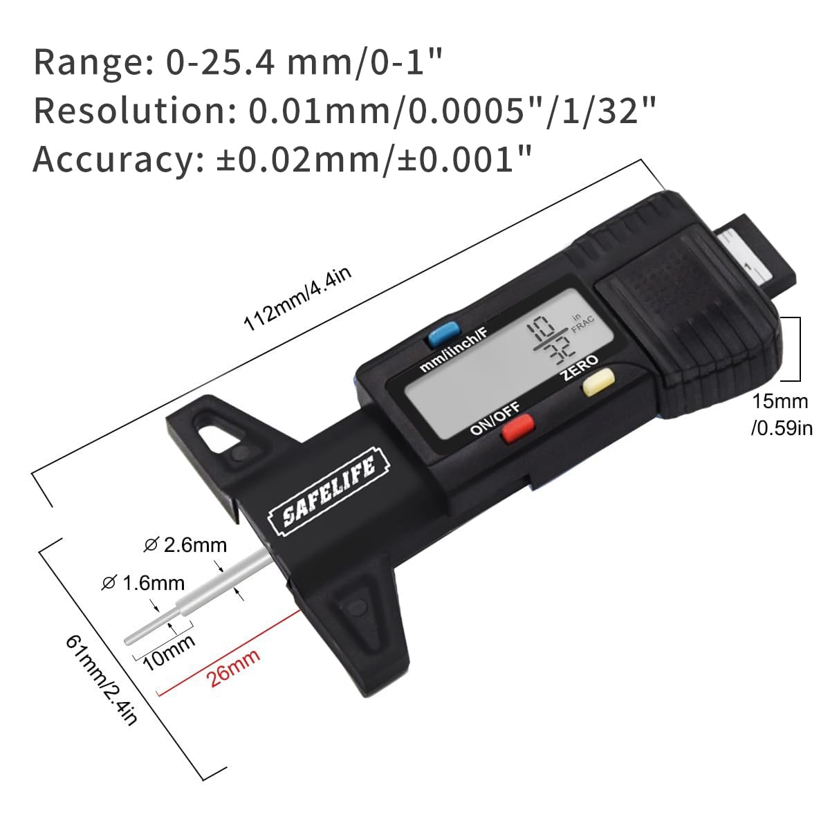 Safelife Digital Tire Tread Depth Gauge, 3 Modes-Fractional Inch, Decimal Inch And Millimeter, Zeroable Tire Tread Depth Gauge F