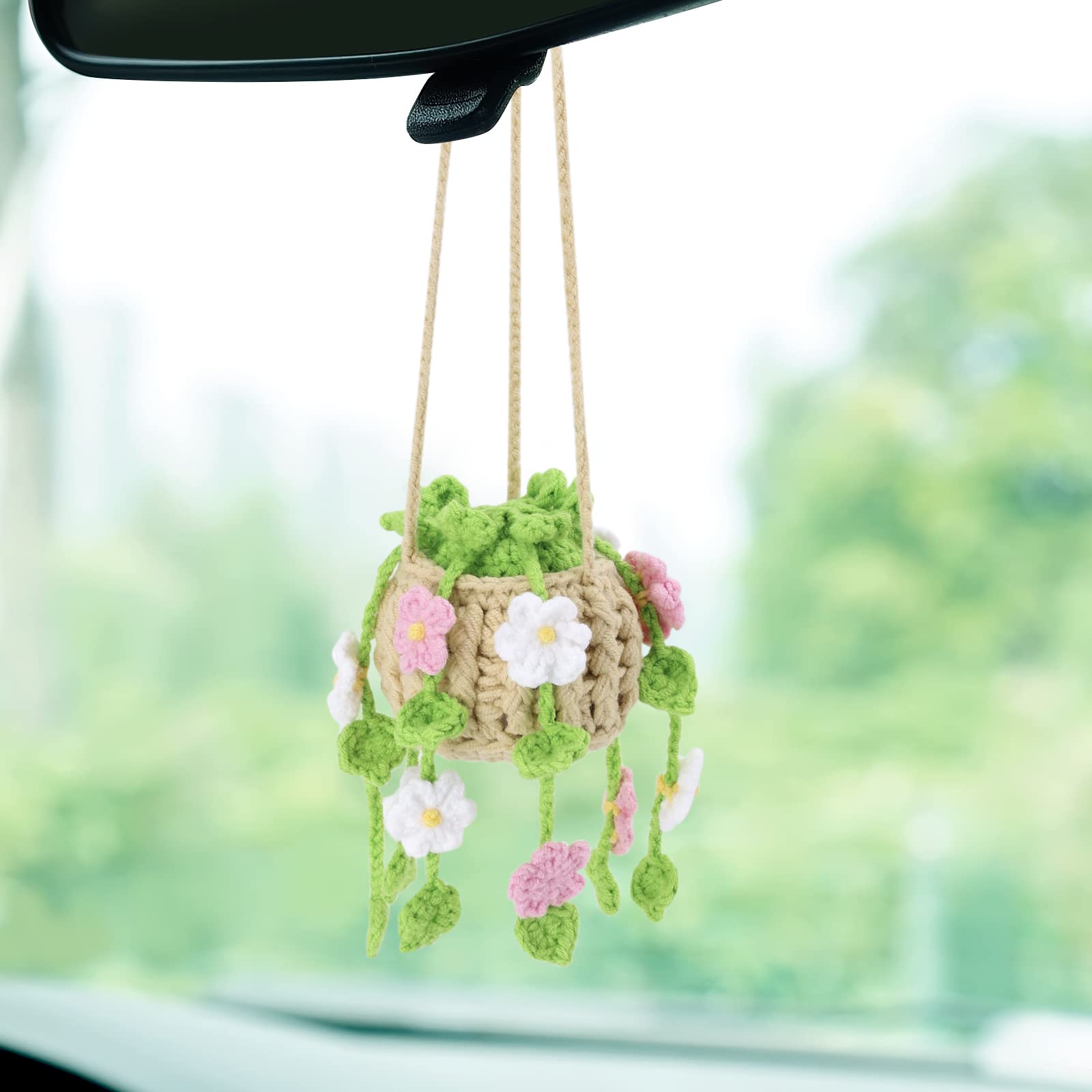 Vansolinne Cute Car Accessories Crochet Hanging Basket Flower Plant Car Ornament For Rearview Mirror Decor Interior Aesthetic Pl