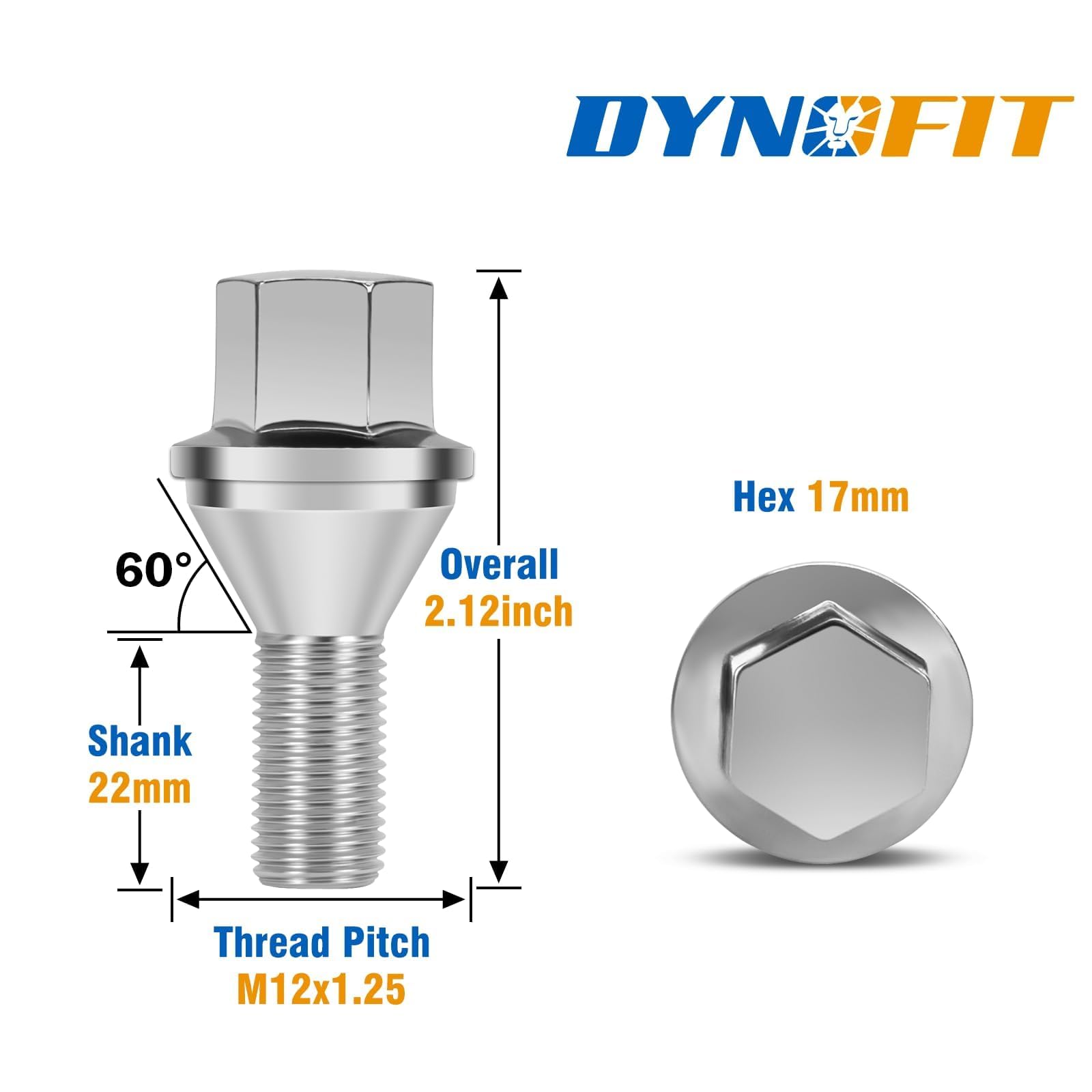 Dynofit 12x1.25 Wheel Lug Bolts Replace for Je/ep Renegade 2015+ Factory Swollen Bolt,One-piece Style 17mm Hex Chrome Wheel Bolt