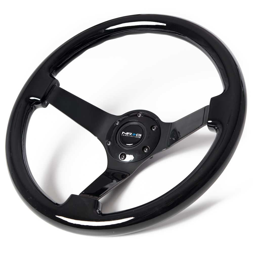 NRG Innovations ST-036BK-BK Classic Black Wood Grain Wheel (3'' Deep, 350mm, 3 Solid spoke center in Black Chrome)
