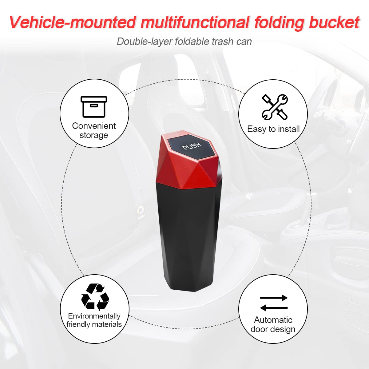 Car Trash Can With Lid, Mini Portable Auto Garbage Can, Small Leakproof Diamond Design Trash Dustbin, Waterproof Vehicle Rubbish Bins For Automotive Car, Home, Office, Kitchen, Bedroom (Red)