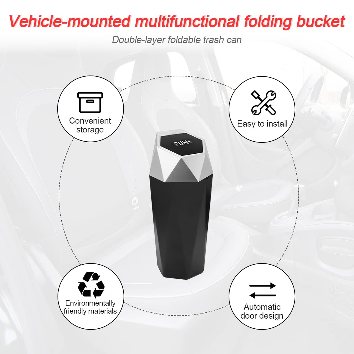 Car Trash Can With Lid, Mini Portable Auto Garbage Can, Small Leakproof Diamond Design Trash Dustbin, Waterproof Vehicle Rubbish Bins For Automotive Car, Home, Office, Kitchen, Bedroom (Silver)