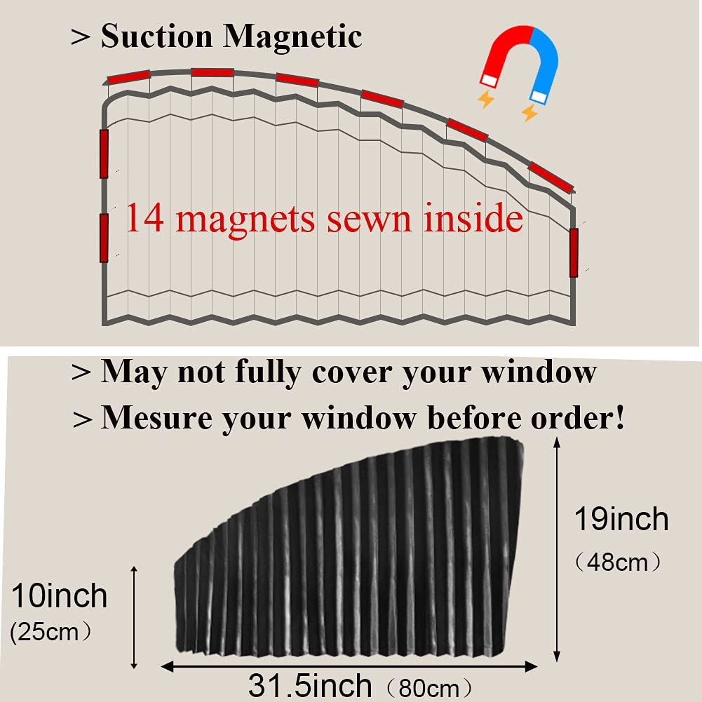 Ovege Car Side Window Sun Shade Car Curtain Pleated Silky Suction Magnetic (Black-Opaque, Front Seat 2Pcs)