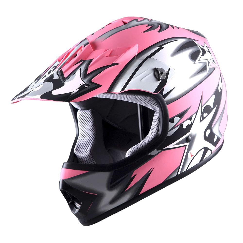 1Storm Youth Motocross Helmet Bmx Mx Atv Dirt Bike Helmet Matt Star Pink + Goggles + Mg Youth Pink Glove Bundle