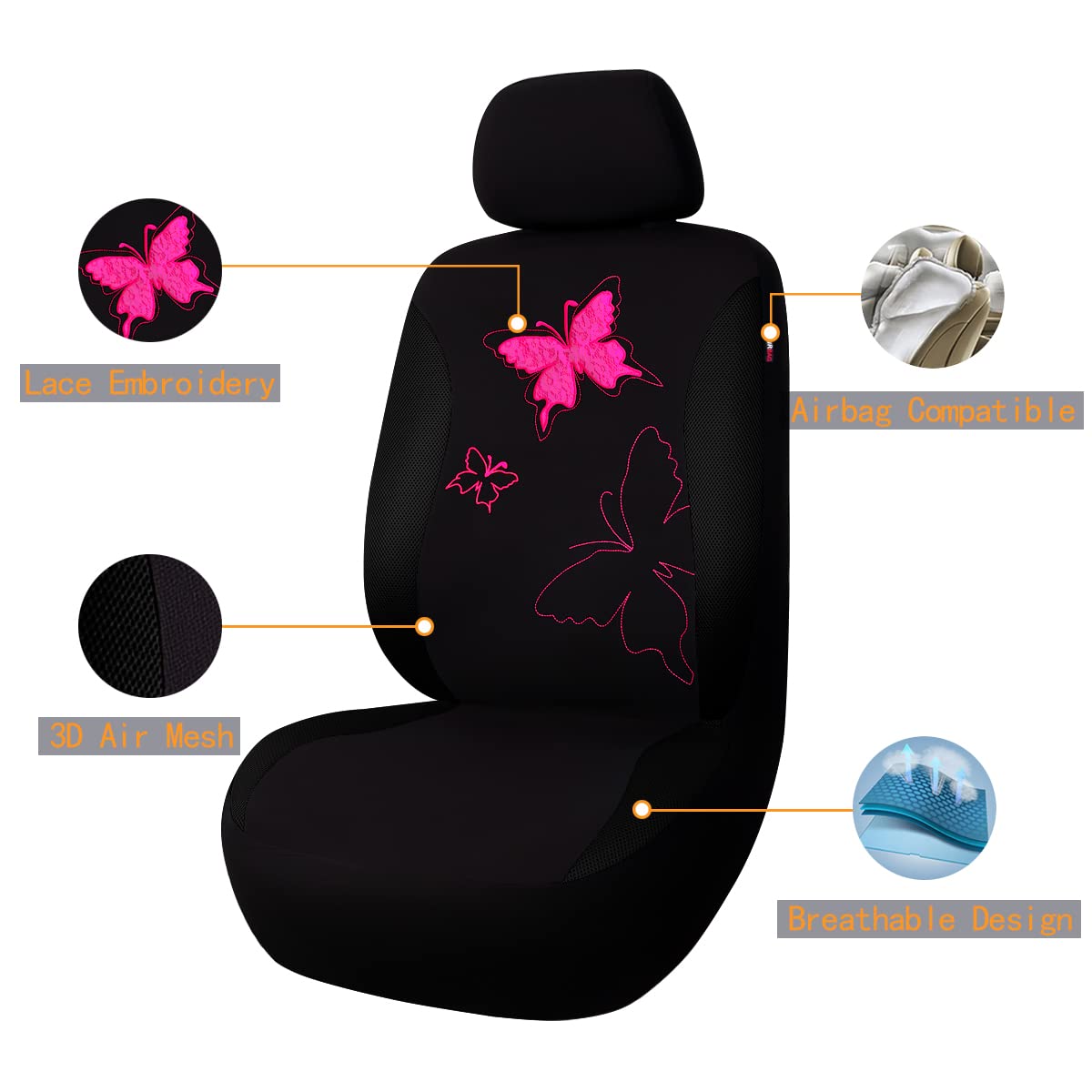Flying Banner Butterfly Car Seat Covers Ful Set Fashion Universal Lady Woman Female Rear Bench Split Colorized (Black Rose Red,