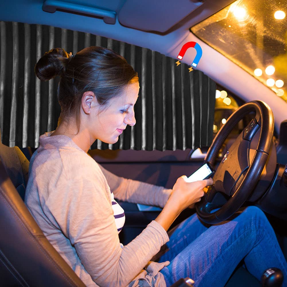 Ovege Car Side Window Sun Shade Car Curtain Pleated Silky Suction Magnetic (Black-Opaque, Front Seat 2Pcs)