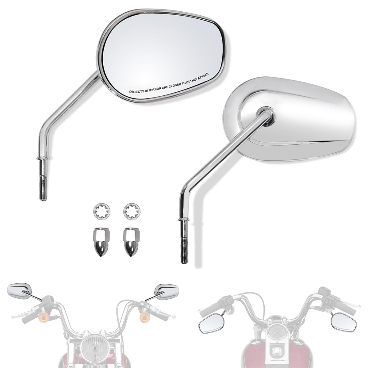 Fovplue Handlebar Mount Mirrors,Left & Right Side Long Stem Rearview Mirrors For 1982-2024 Harley Models,For Cvo Dyna Electra Glide Road Glide Road King Softail Street Glide Sportster 1200 883,Chrome