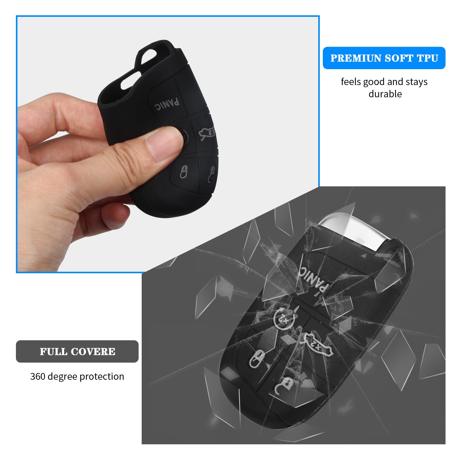 Qbuc For Dodge Key Fob 5 Button Key Fob Case Silicone Remote Key Case For Dodge For Jeep Grand Cherokee Key Fob Cover (Black Gre