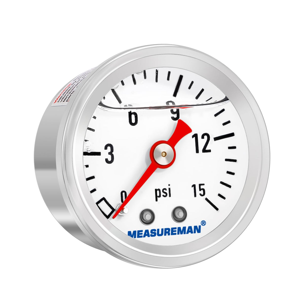 Measureman 1-1/2'' Dial Size, Glycerin Filled Fuel Pressure Gauge, 304 Stainless Steel Case, 0-15Psi, 3-2-3%, 1/8'' Npt Back Mou