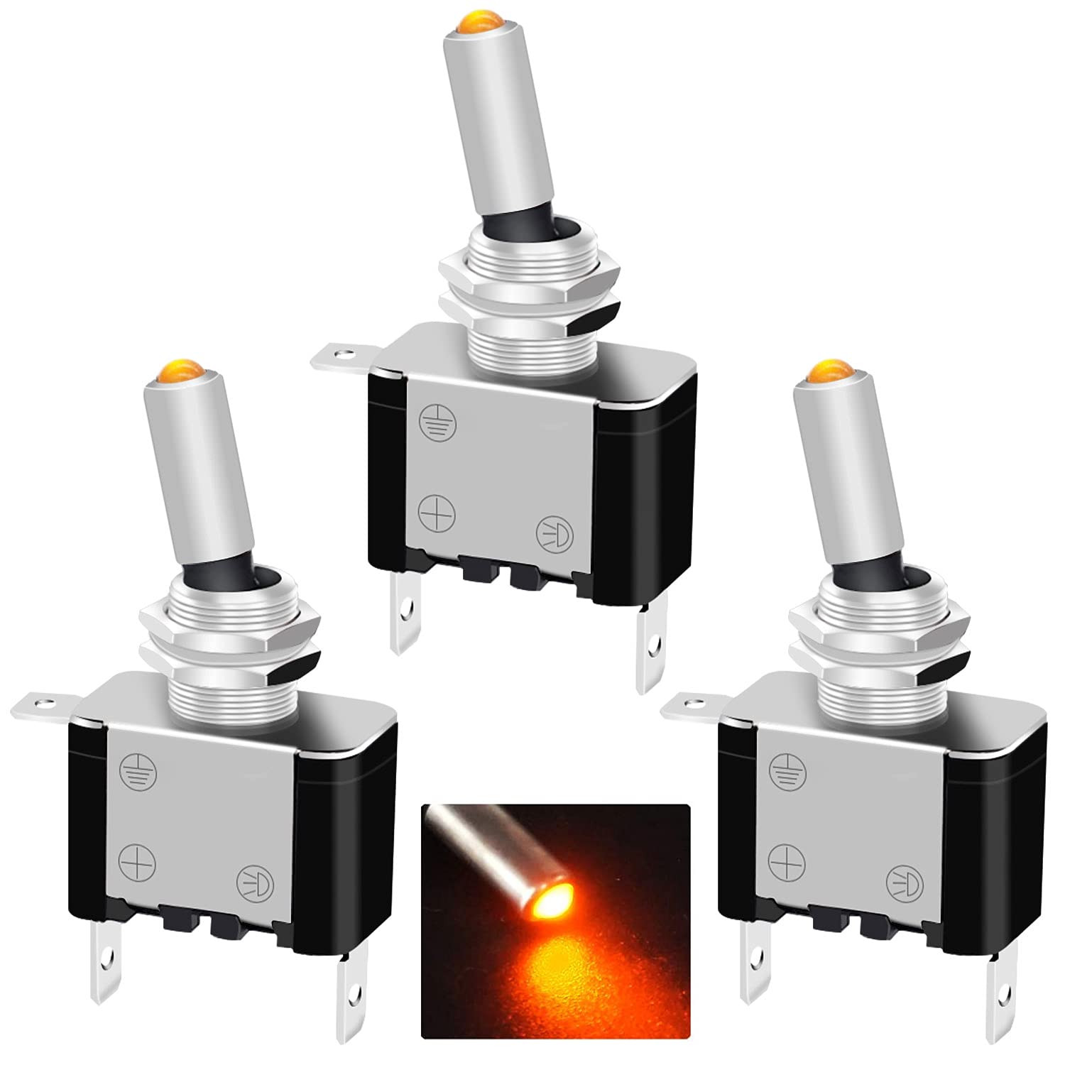 Twidec/3Pcs Rocker Lighted Toggle Switch 12V 20A Heavy Duty Racing Car Automotive Auto Spst On/Off Toggle Switch Yellow Led Illuminated 3Pin Asw-07Dy