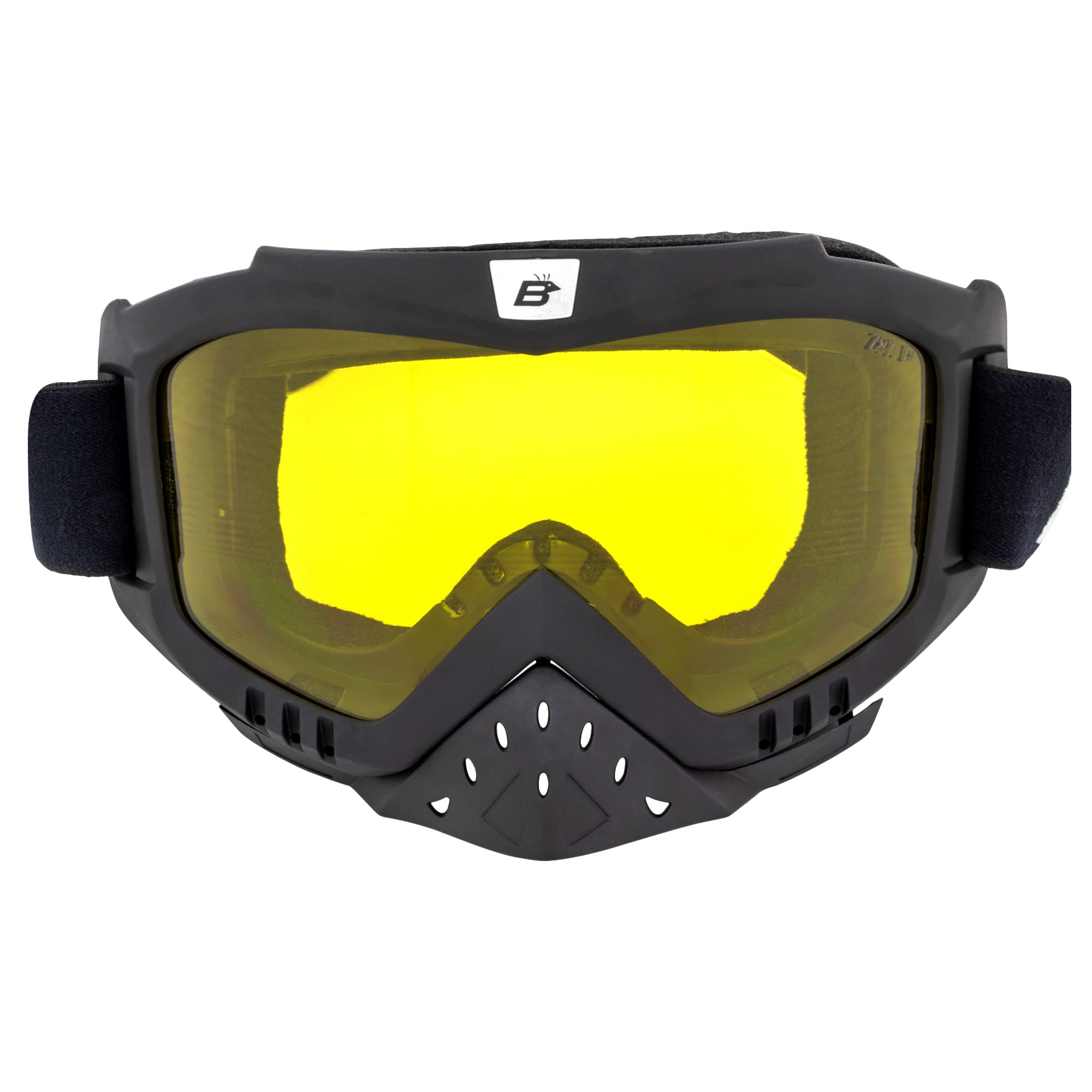 Birdz Eyewear Toucan Motorcycle Atv Utv Motocross Ski Padded Goggles With Detachable Nose Guard Black Frame With Smoke Lens (Yellow)