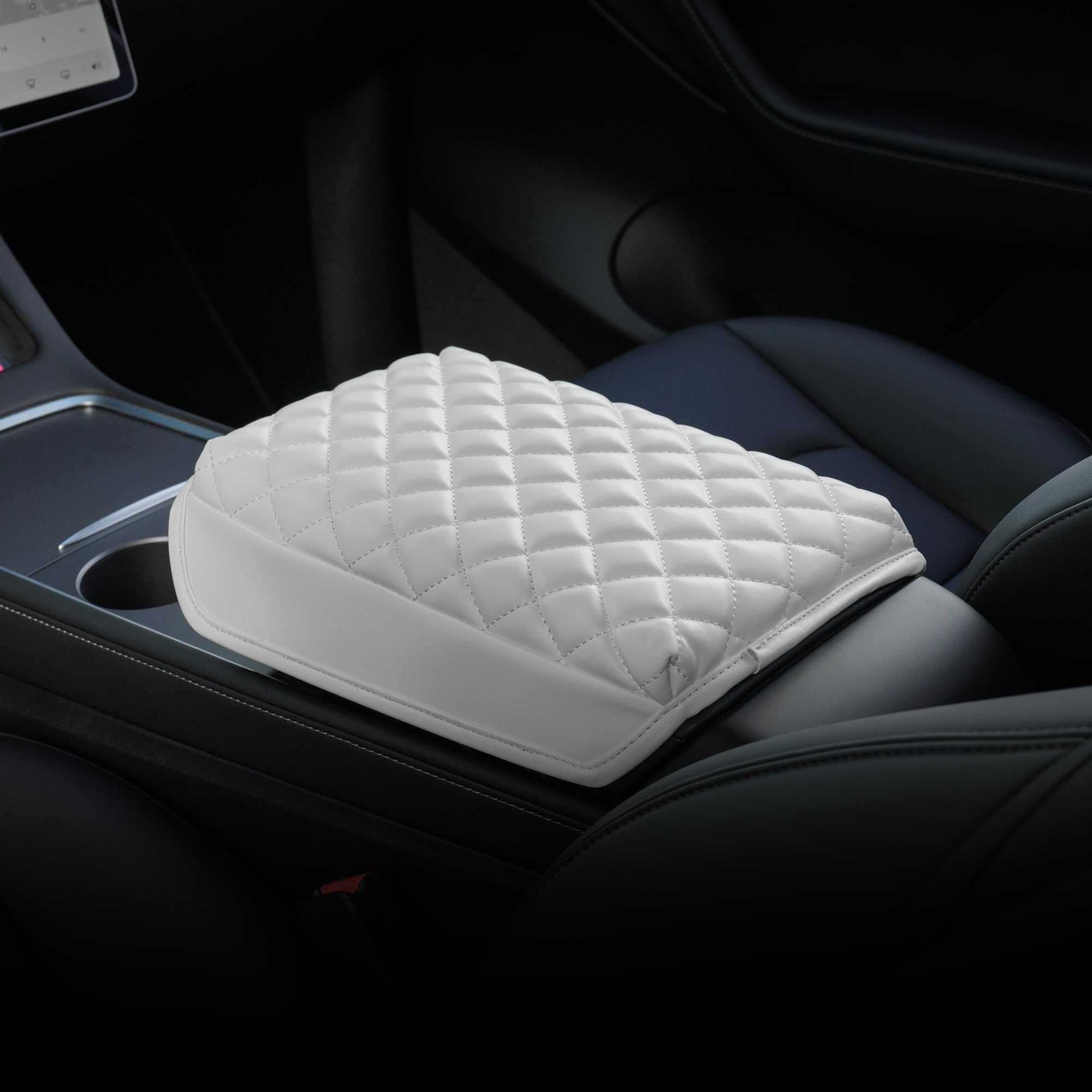 Kmmotors Model Y, Model 3 Center Console Cover Quilting White, Armrest Cushion, Console Protector, Vegan Leather, Tesl* Accessor