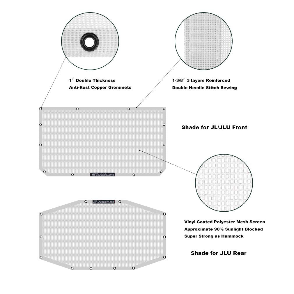 Shadeidea Sun Shade Top For Jeep Wrangler, Jl (2018-2023) 4 Door Top Sunshade, Front & Rear - White Jlu Mesh Screen Cover, Uv Bl
