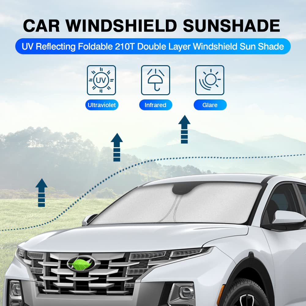 KUST Thicker Windshield Sun Shade for Hyundai Santa Cruz 2022-2025, Foldable UV Ray Blocker, Silver & Black Sun Visor Protector