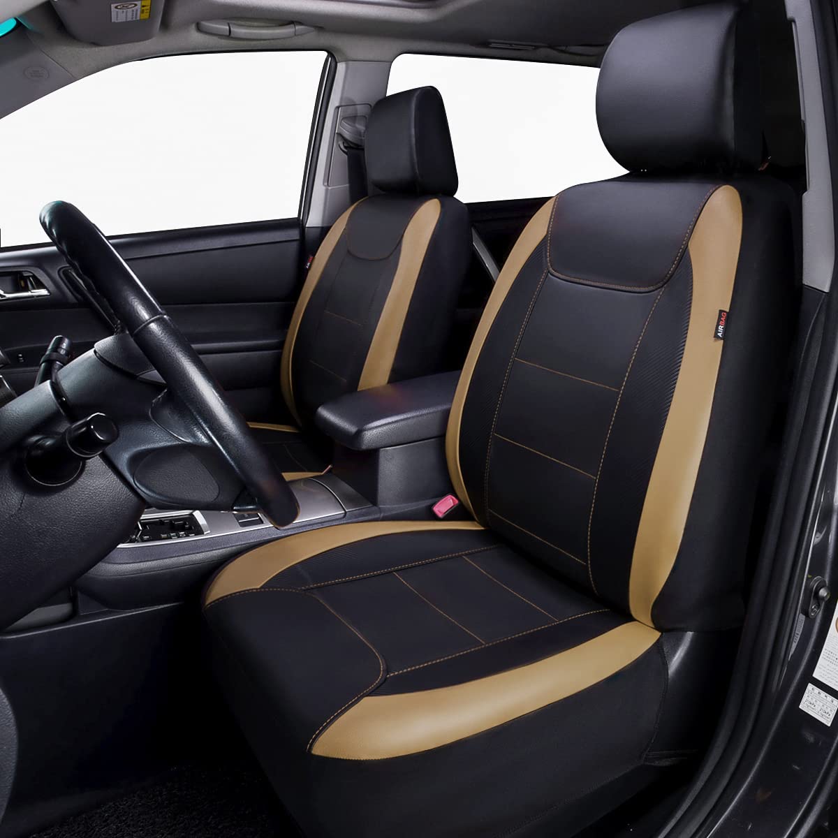 Flying Banner Car Seat Covers Protects Water Proof Faux Leather Carbon Fiber Front And Rear Bench (Black Beige, Full Set -- 8Pcs)