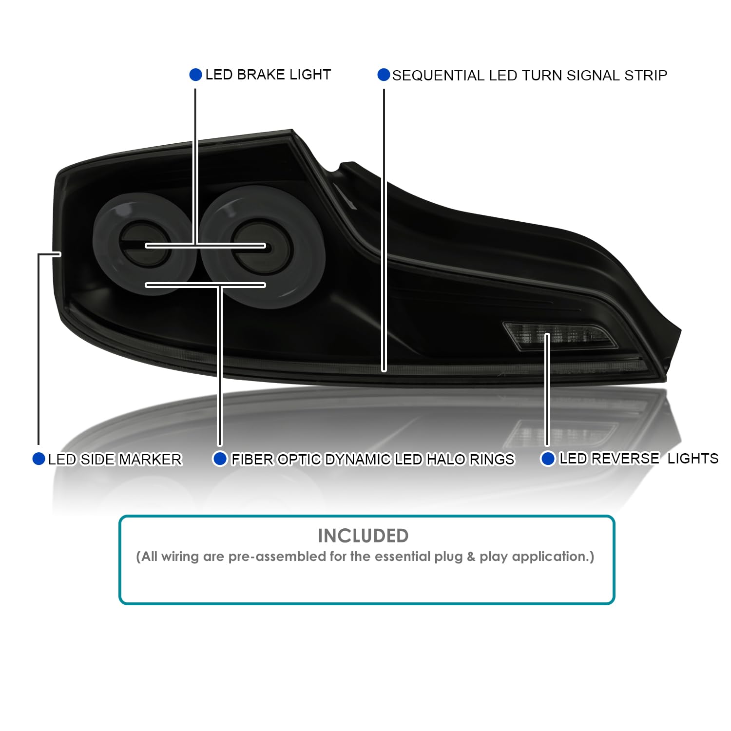 Spec-D Tuning Black Housing Smoke Lens Full Led Tail Lights With Fiber Optic Dynamic Halo Ring And Sequential Turn Signal Compatible With 2003-2007 Infiniti G35, Left + Right Pair Assembly