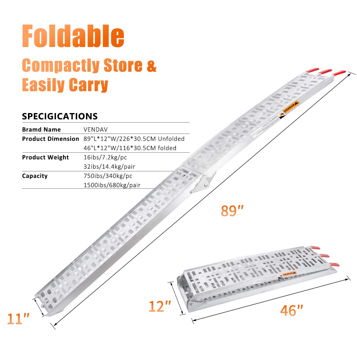 Vendav Atv Ramps For Pickup Trucks 7.5 Ft Aluminum Portable Ramps 1500 Lbs Capacity,2Pc.