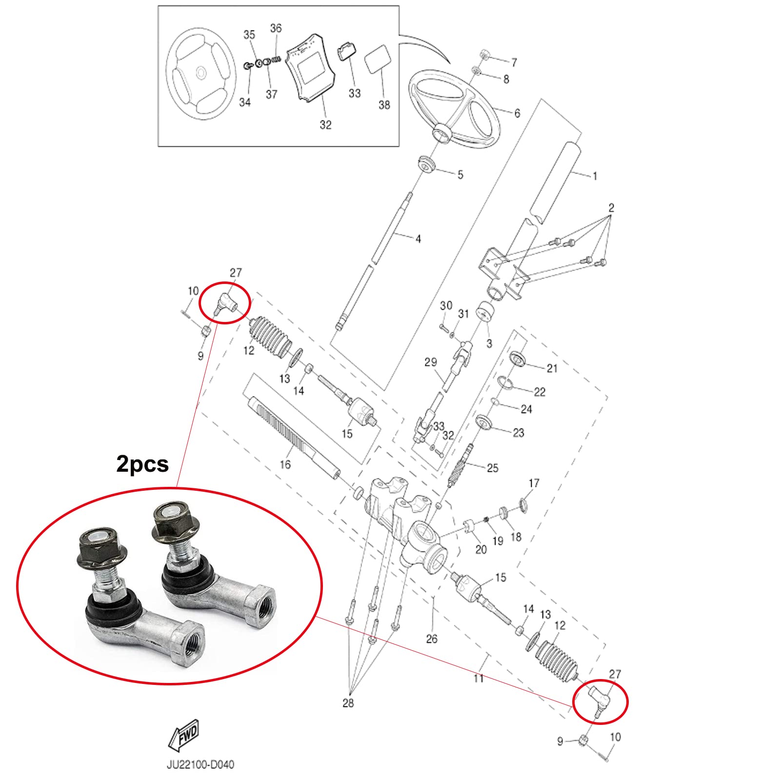 Panglong Outer Tie Rod End, Applicable To 2003-Up Yamaha Gas And Electric G22&G29 Golf Cart, Replace Oem #Ju0-F3841-00 2 Packs