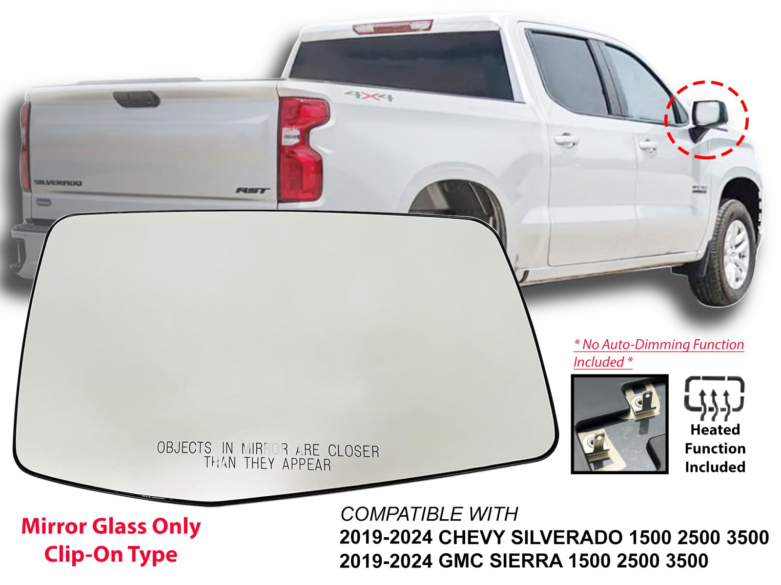 Apa Replacement For Mirror Glass Power Heated 2019-2014 Silverado Sierra 1500 2500 Hd 3500 Hd Passenger Right Side 84309709