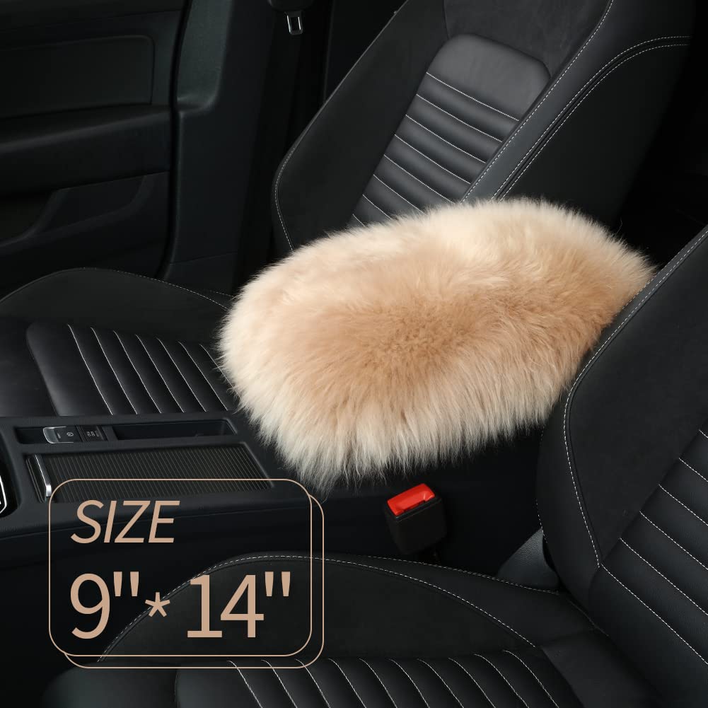 Iriwool Sheepskin Armrest Cover Auto Center Armrest Cover Car Soft Console Pad, Fluffy Wool Auto Center Console Cover For Most Car Arm Rest Decoration Protector 9 X 14 Inch (Long Wool, Khaki)