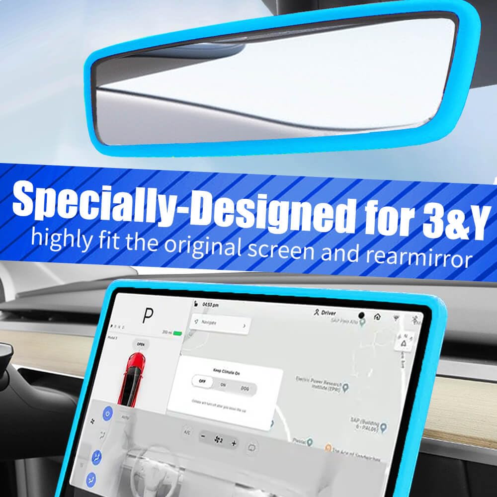 Yeapop 2Pcs Silicone Protector Frames of Screen and Rear View Mirror for Tesla Model 3 2017-2023 and Model Y 2019-Feb.2025. (Blu