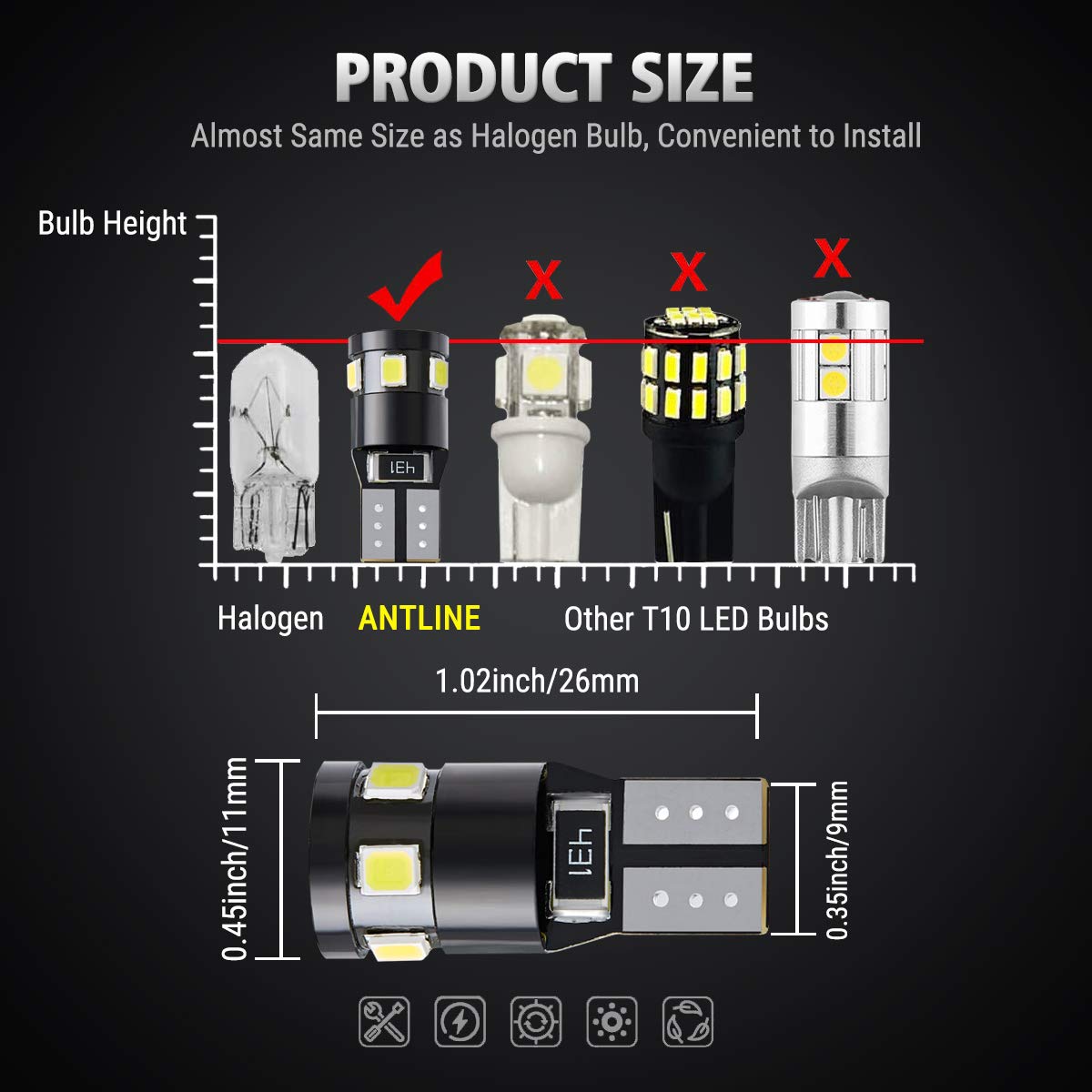 Antline 194 168 2825 W5W T10 Led Bulbs Xenon White, Ultra Bright Error Free 9-Smd 2835 Chipsets 6000K Replacement For Car Interior Dome Map Door Courtesy License Plate Lights (Pack Of 10)
