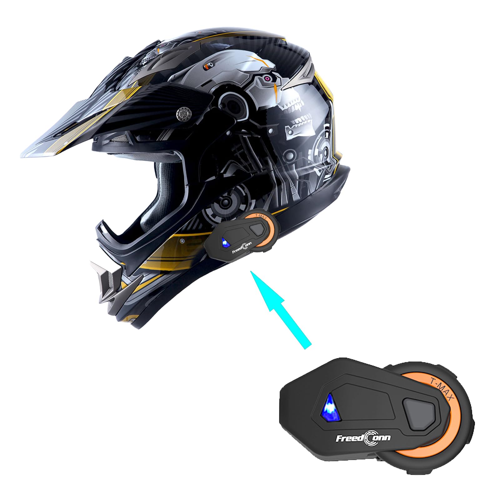 1Storm Adult Motocross Helmet Off Road Mx Bmx Atv Dirt Bike Mechanic + Motorcycle Bluetooth Headset: Skull Yellow