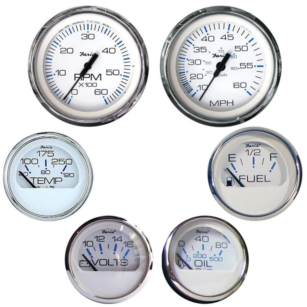 Faria KTF001 Chesapeake Stainless Steel Inboard 6-Gauge Boxed Set - Speedometer/Tachometer/Fuel Level/Voltmeter/Water Temp/Oil P
