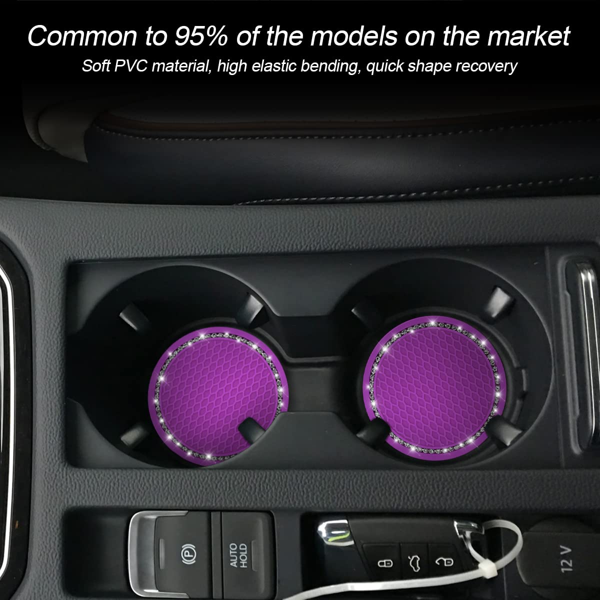 Car Cup Holder Coaster, 2 Pcs Universal Bling Crystal Rhinestone Car Accessories 2.75 Inch Auto Anti Slip Cup Holder Insert Mat Pad Set,Suitable For Most Car Interior (Purple)