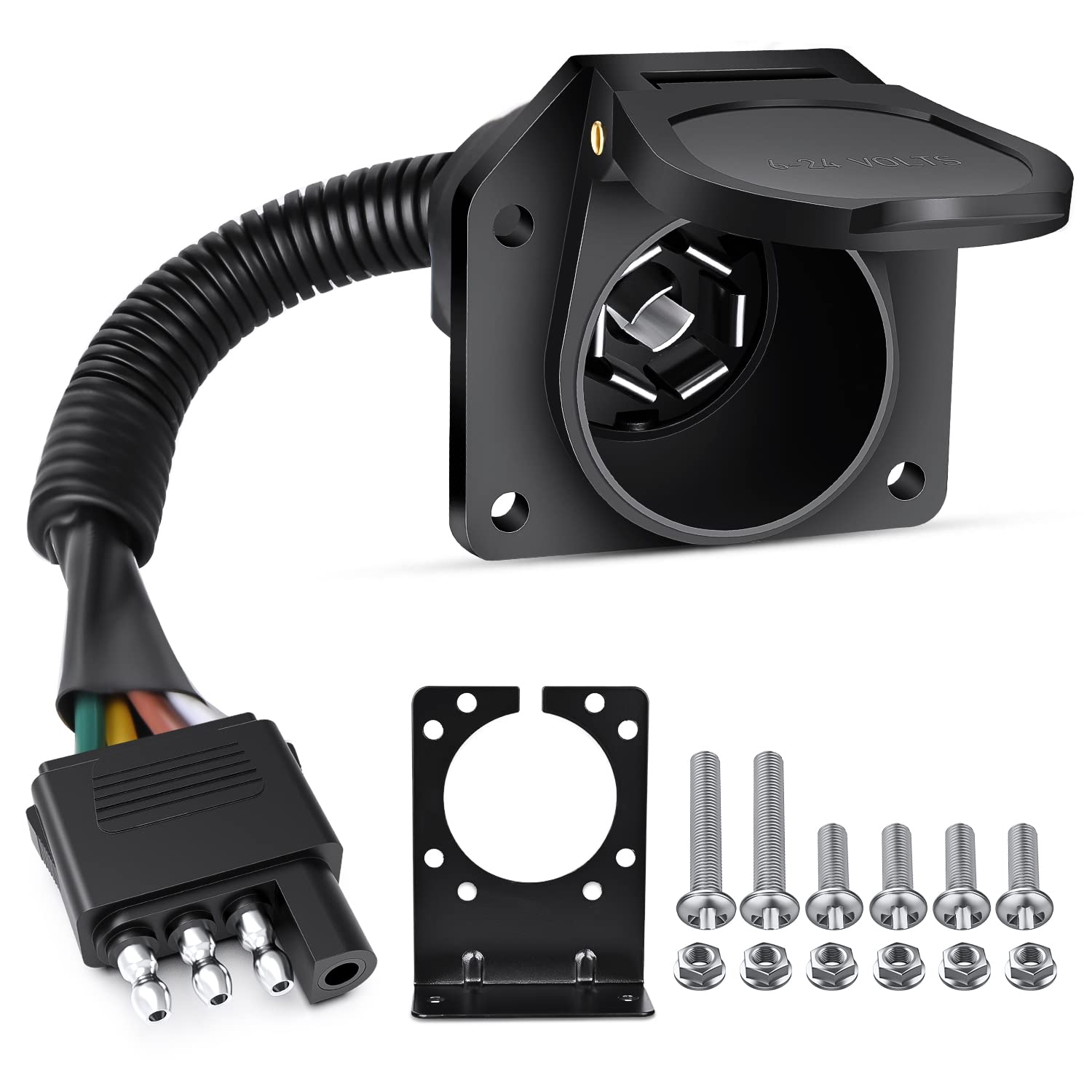 Nilight 4 Way Flat to 7 Way Round Blade Trailer Adapter Wiring Harness 4 Pin to 7 Pin Electrical Connector Wiring Plug Connector