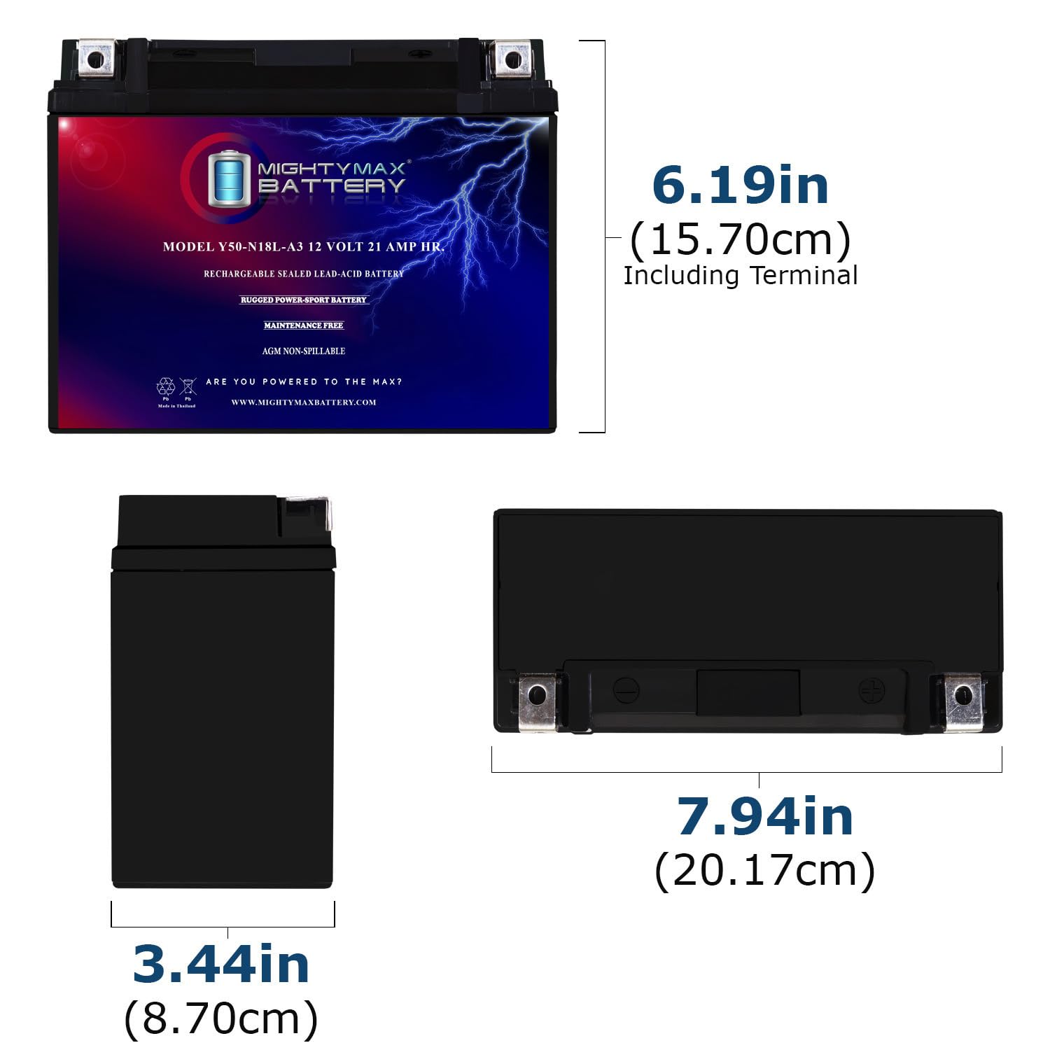 Mighty Max Battery Y50-N18L-A3-12 Volt 21 Ah, 350 Cca, Rechargeable Maintenance Free Sla Agm Motorcycle Battery