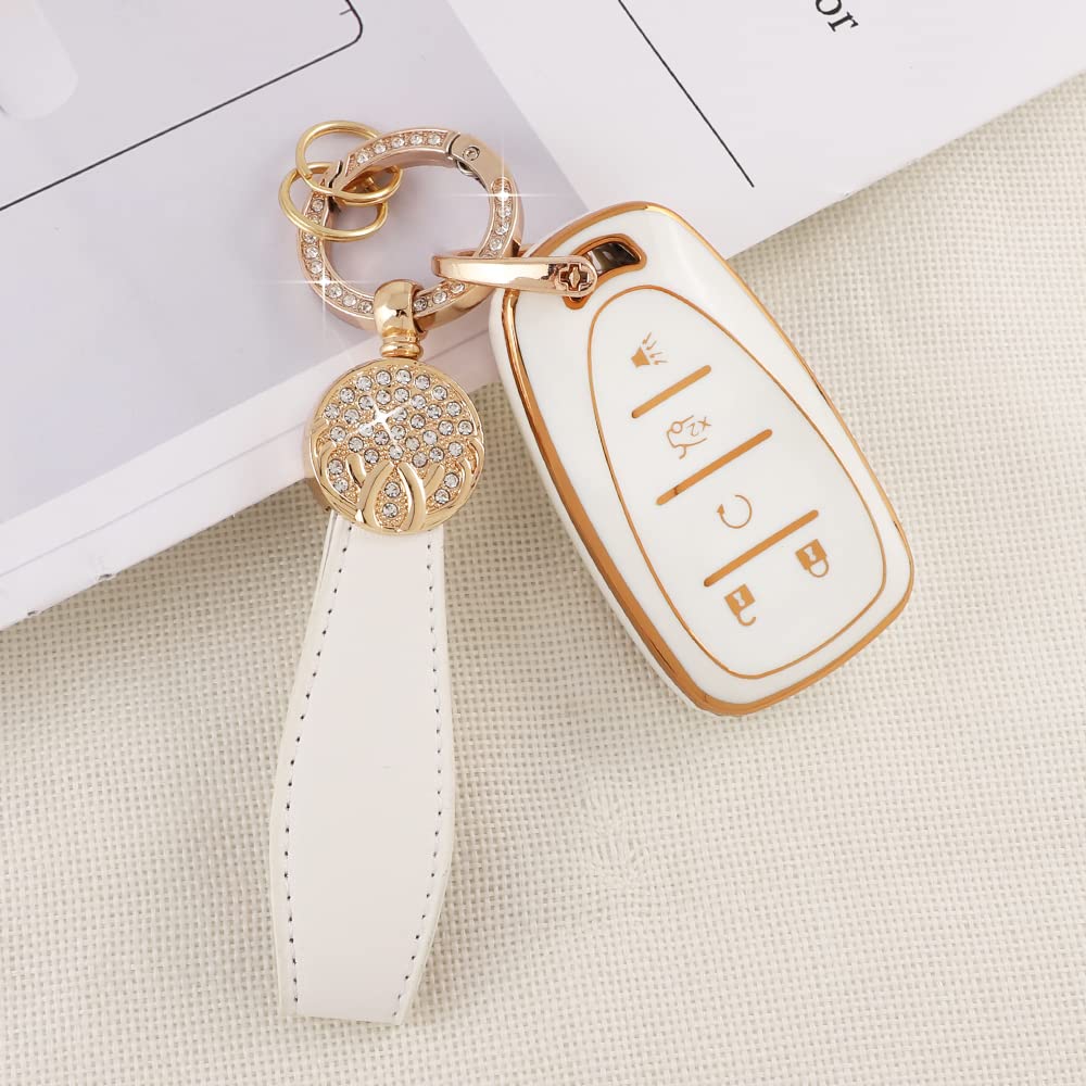 Pifoog Tpu Key Fob Cover For Chevy Equinox Camaro Traverse 5 Buttons Car Key Covers With Keychain Soft Key Shell Case Compatible Malibu Blazer Trailblazer Spark Gold White