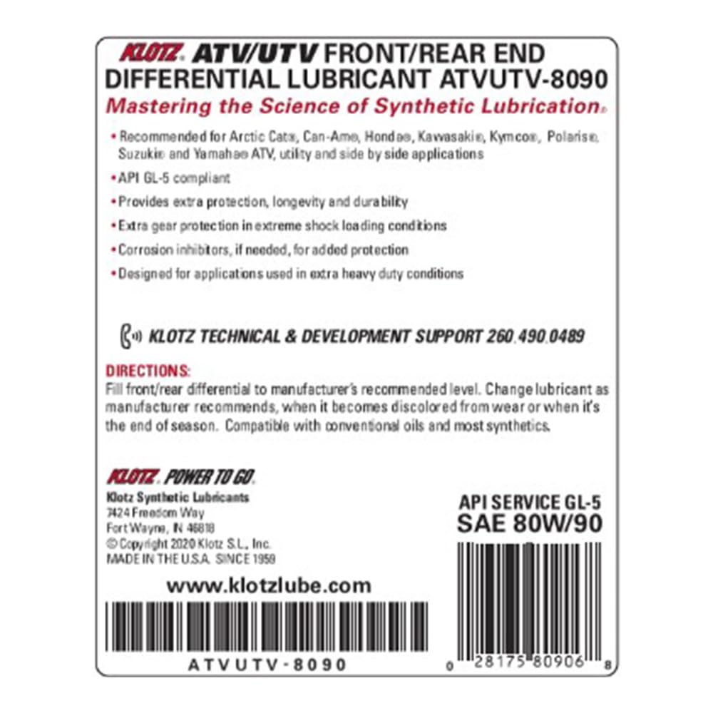 Klotz ATV UTV SXS 80W-90 Front & Rear End Differential Fluid Synthetic Klotz Oil Lubricant - 32 Ounce | Side by Side Transmissio