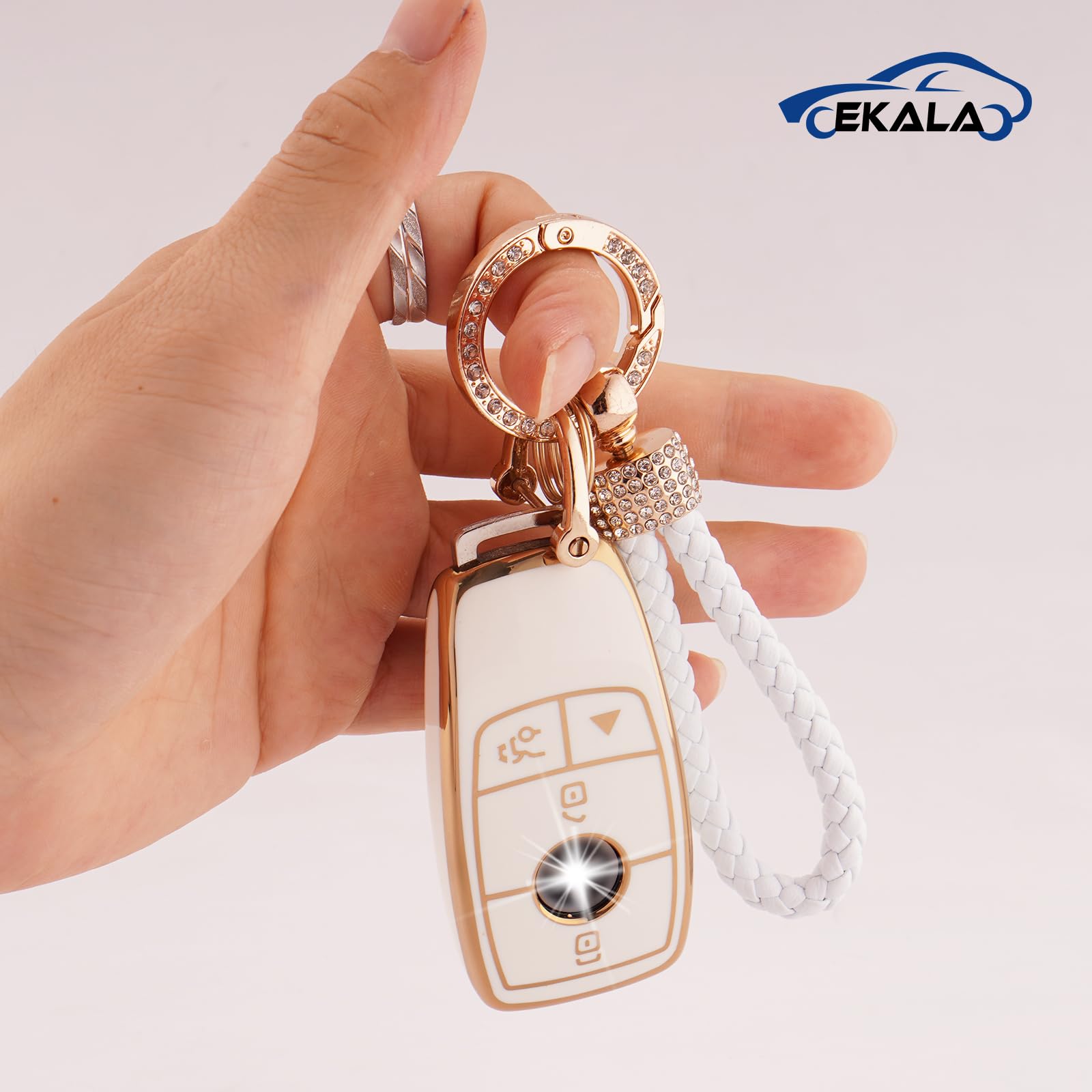 Ekala For Mercedes Benz Key Fob Cover, 4 Buttons Soft Tpu Key Case Protector With Bling Keychain Fit For Mercedes Benz A B C E G S Class Sl Slc Cls Cla Glb Glc Gle Gls Amg Smart Key Fob Case (Bz-4L)
