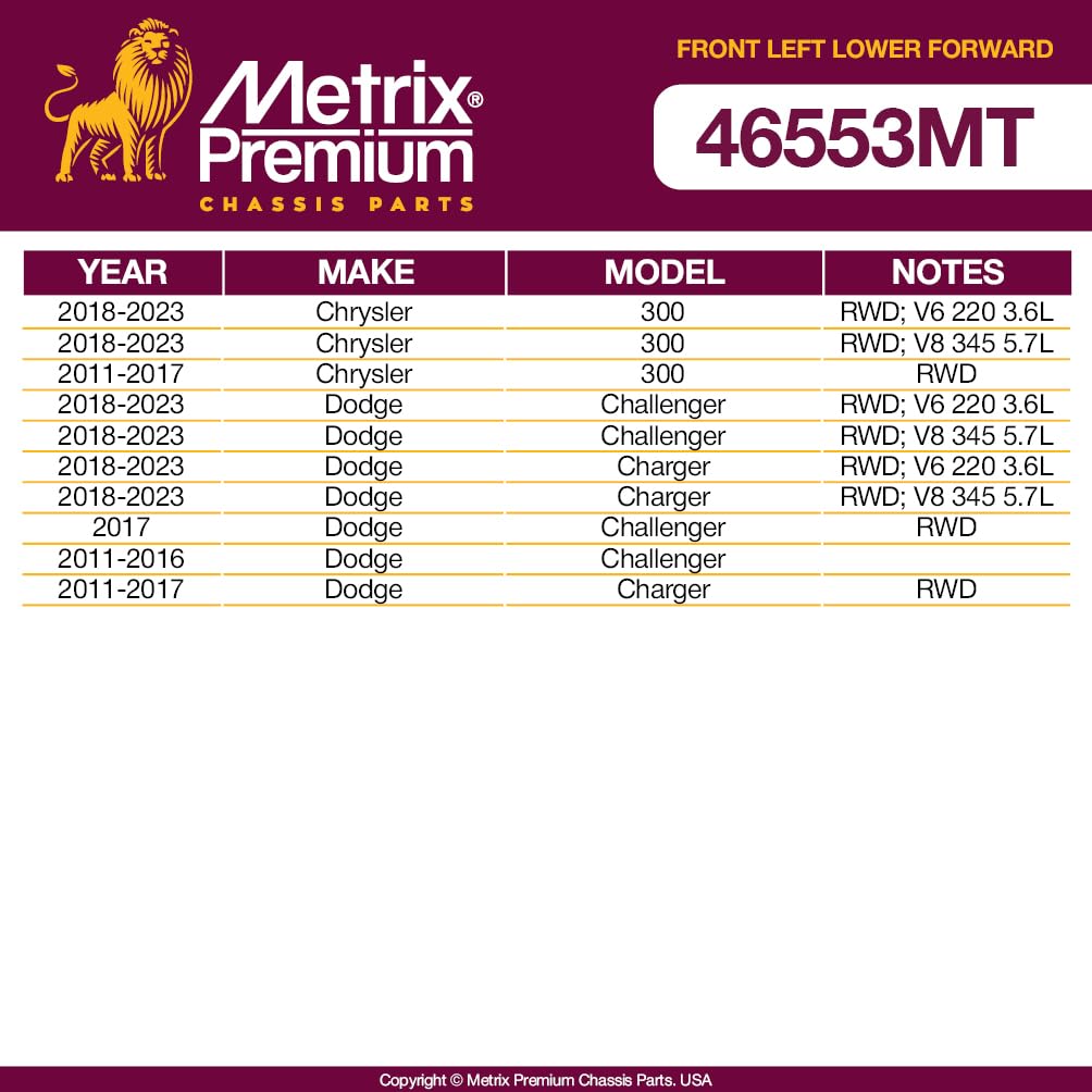 Metrix Premium Chassis Parts - Front Left Lower Forward Control Arm W Ball Joint & Bushing Assembly Fits 11-23 Chrysler 300 Rwd,