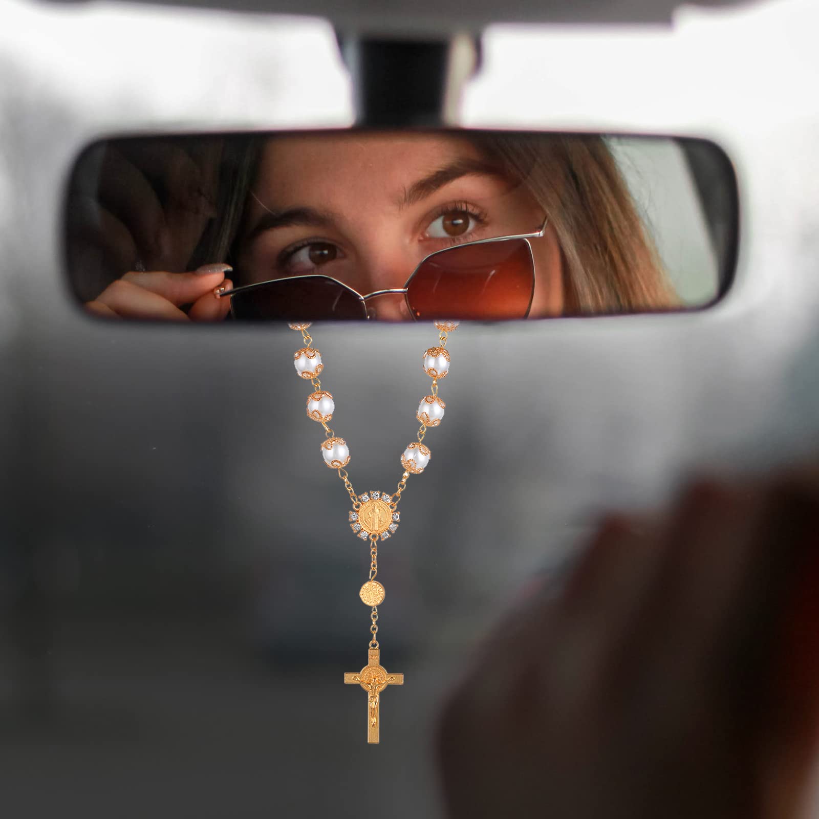 TIESOME 2 Pieces Car Rosary for Rearview Mirror, Rearview Mirror Auto Rosary Beads Car Medal and Cross Hanging Accessories for M