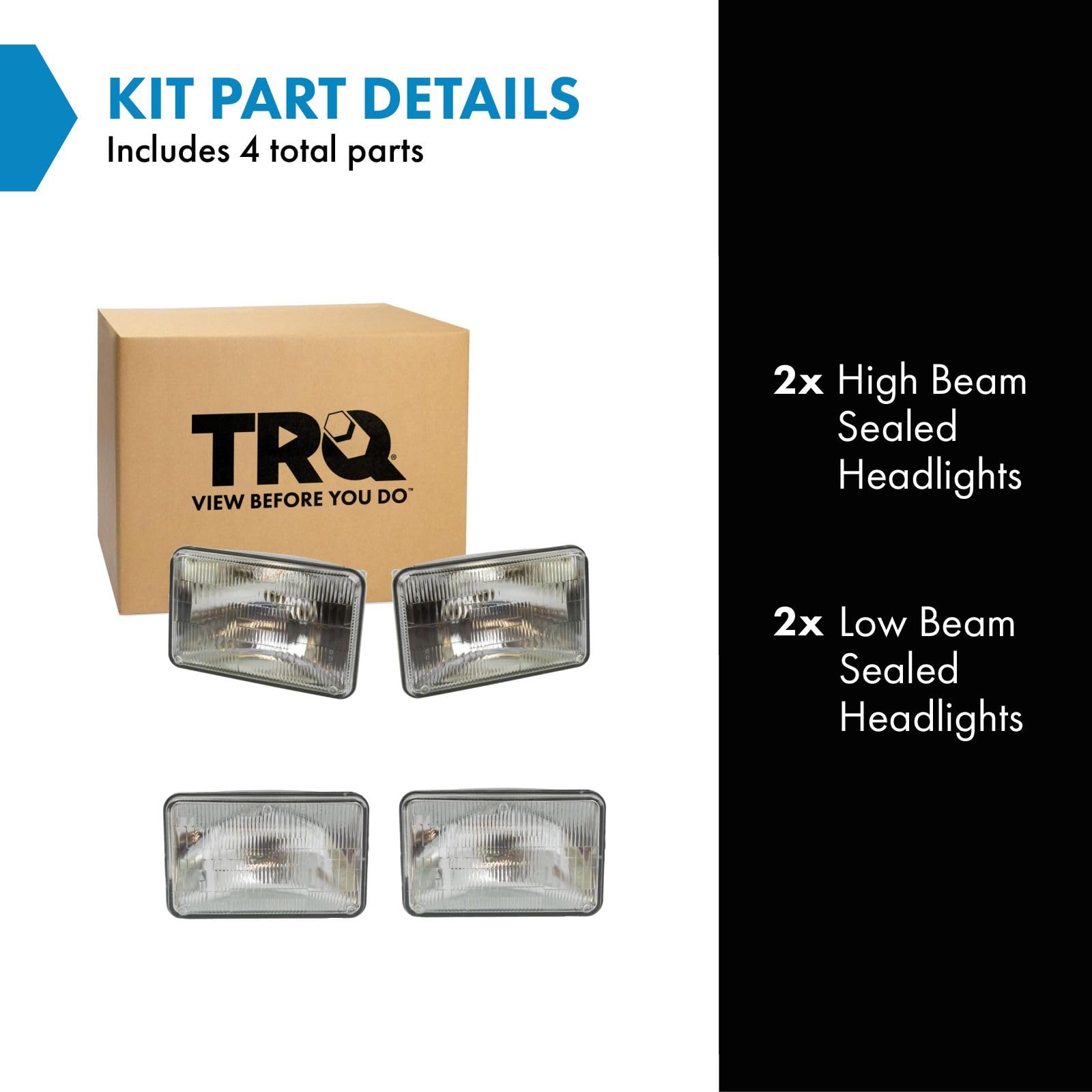 Trq Rectangle Sealed Beam High & Low Beam Headlights 4 Piece Set Kit