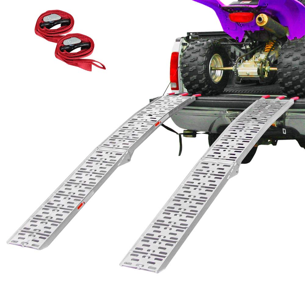 Clevr 7.5' Folding Arched Aluminum Loading Truck Ramps (2 Pc Set) For Atvs, Utvs, Motorcycles, Dirt Bikes, 4 Wheelers, Lawnmower