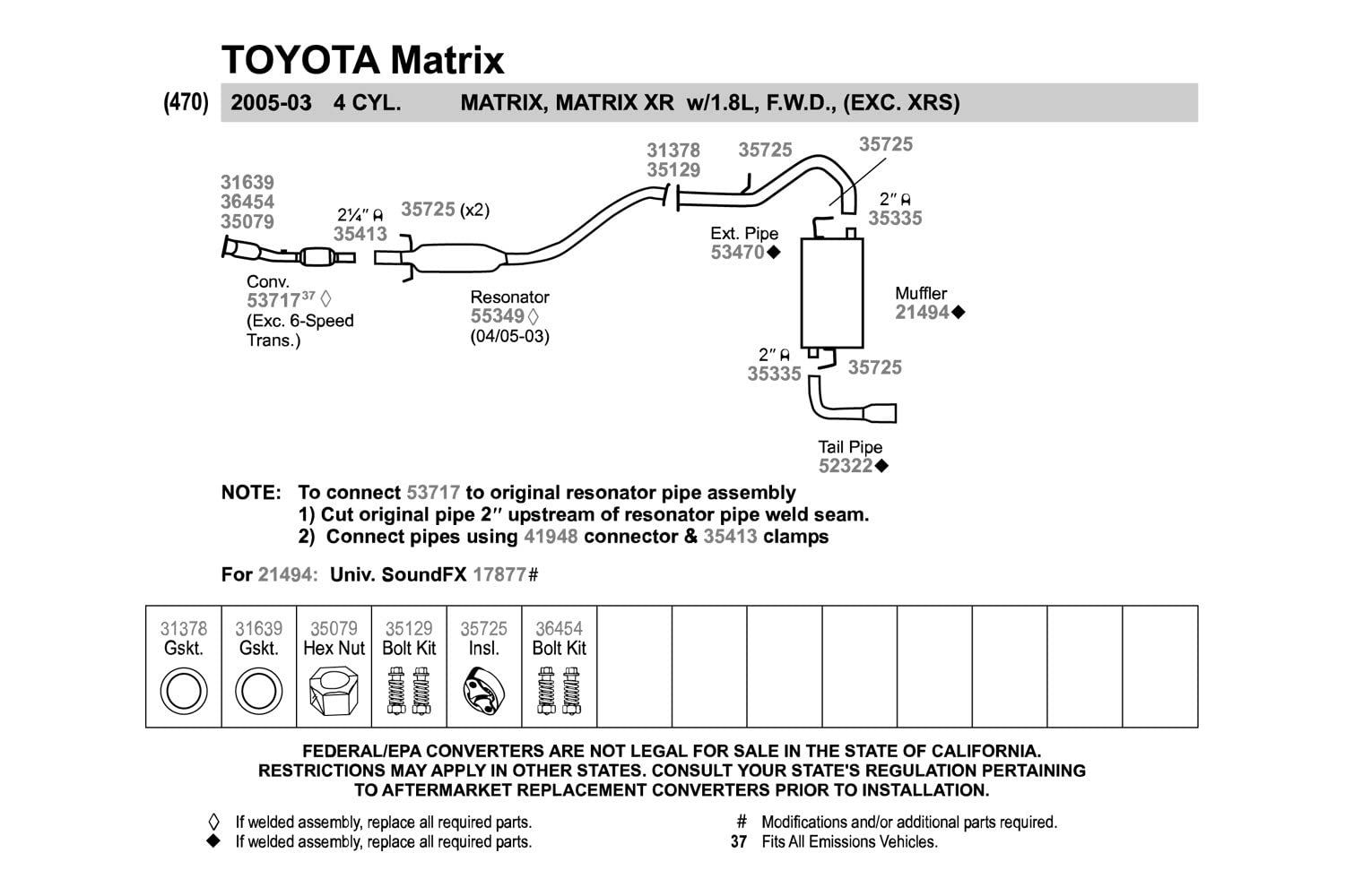 Walker 55349 Direct Fit Exhaust Resonator And Pipe Assembly 2.125 Inlet (Id) For Toyota Corolla