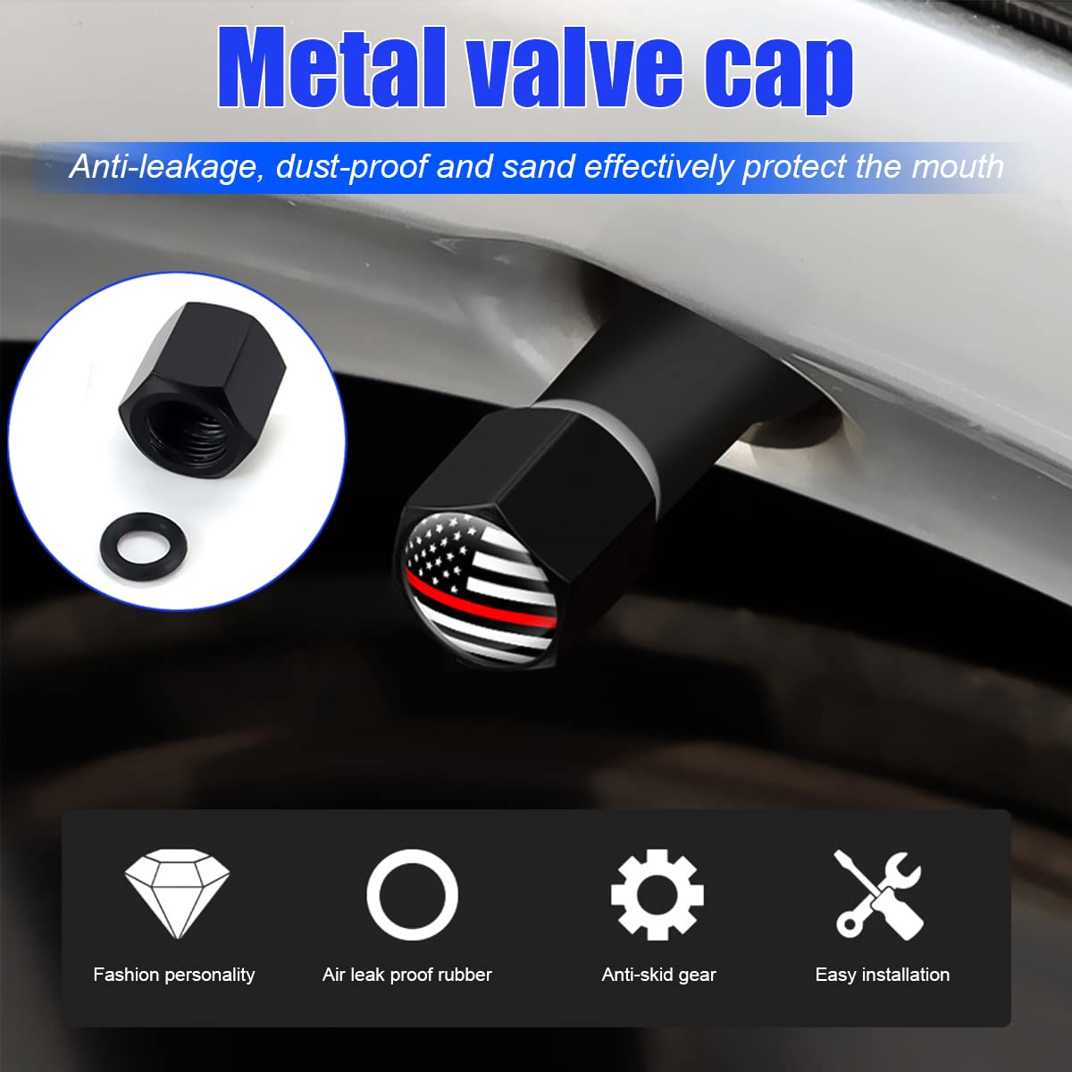 4Pcs American Flag Tire Valve Stem Caps For Car, Auto Anti-Rust Airtight Rubber Valve Stem Covers, Leakproof Wheel And Tire Exterior Accessories Universal For Car, Bikes,Vehicles (Black/Red)