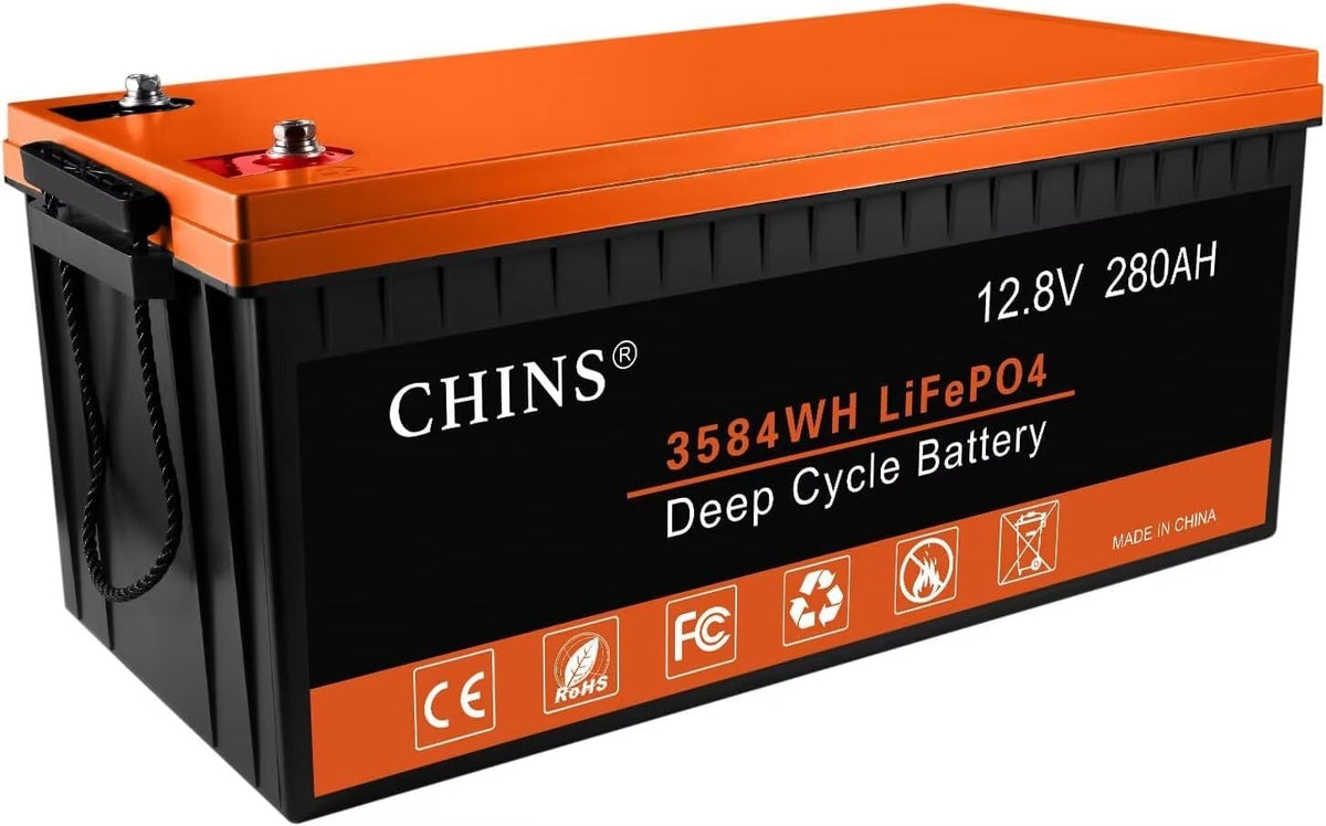 Chins Lifepo4 Battery 12V 280Ah Lithium Battery, Built-In 200A Bms, 6000+ Cycles, Includes Low Temperature Cut-Off Function, Per